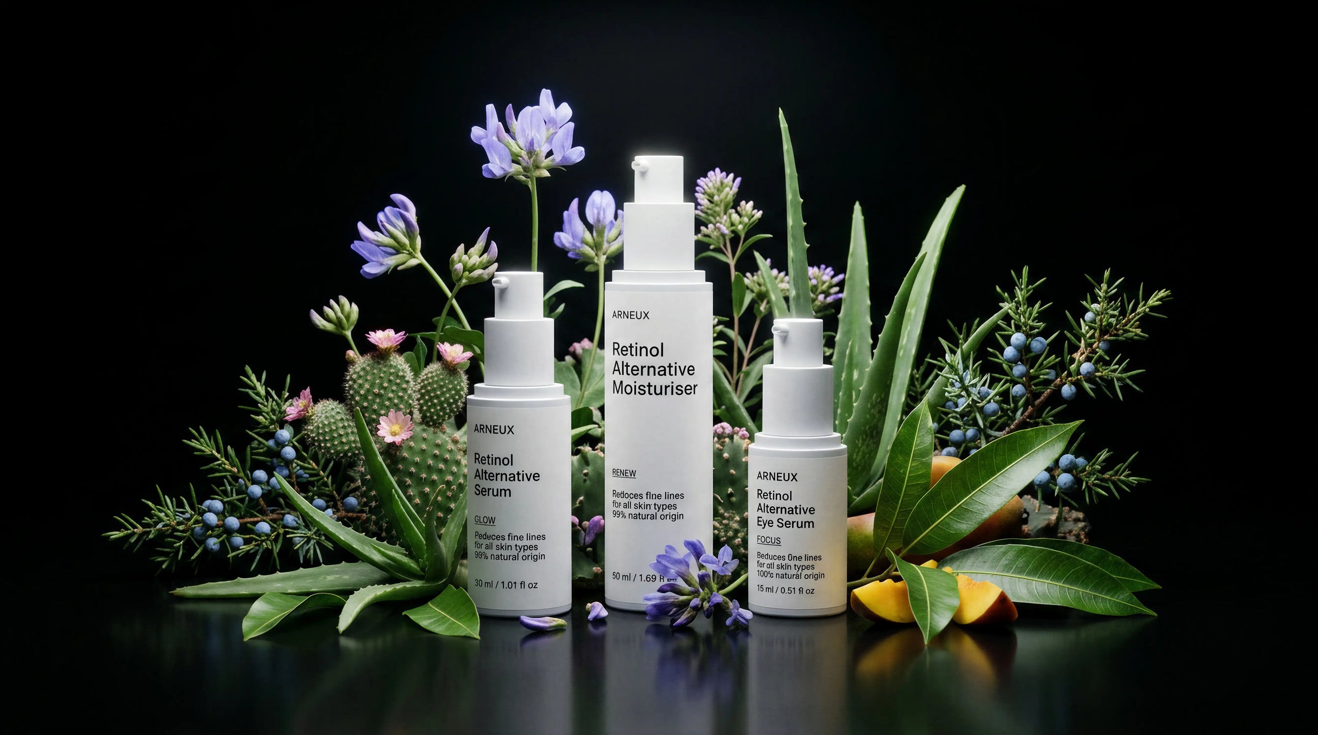 RNEUX AGELESS anti-aging routine with bakuchiol and botanical ingredients on dark background