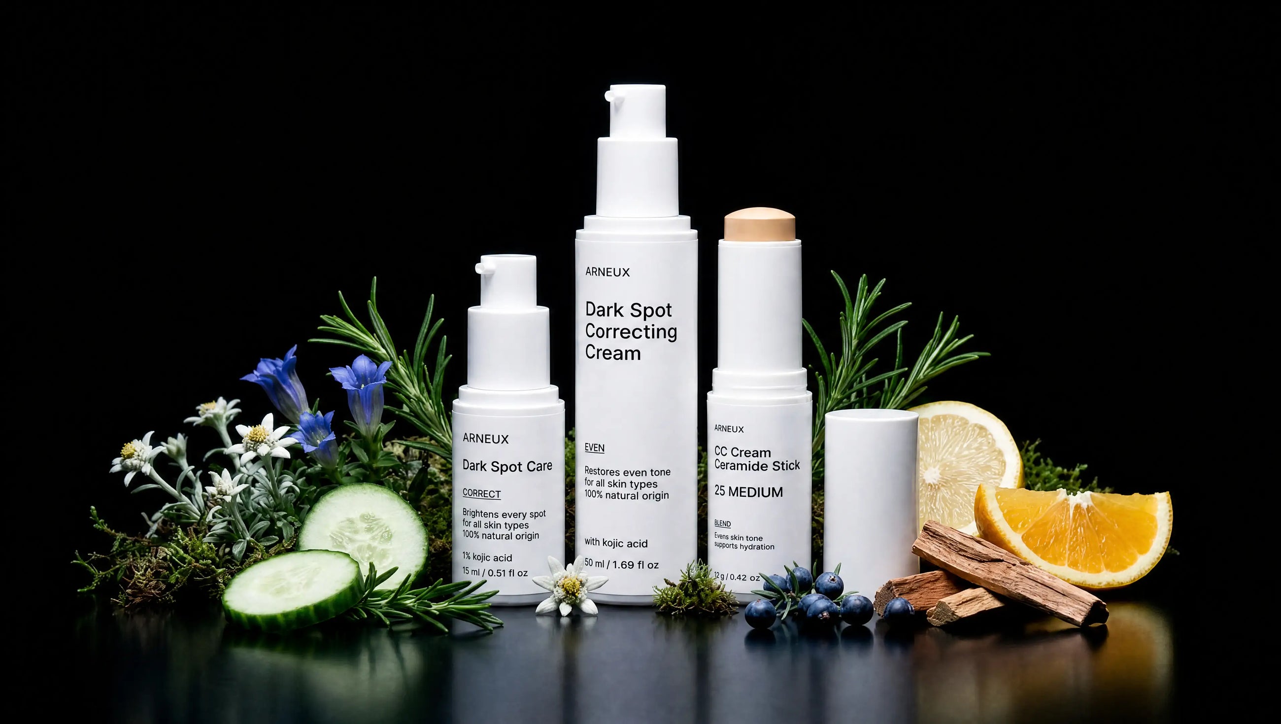ARNEUX BALANCE hyperpigmentation routine with botanical ingredients on dark background