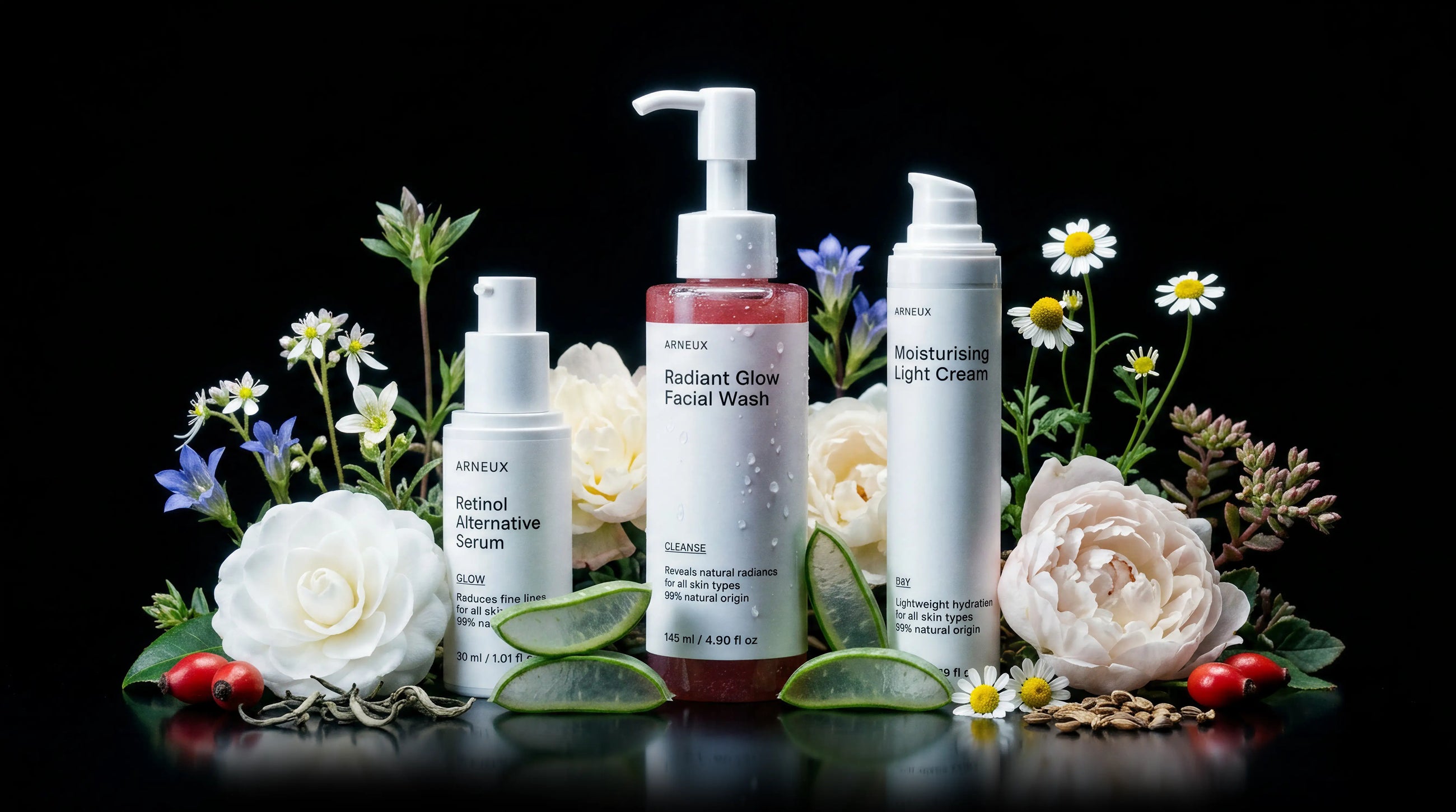 ARNEUX BEGIN skincare routine with botanical ingredients including bakuchiol on dark background