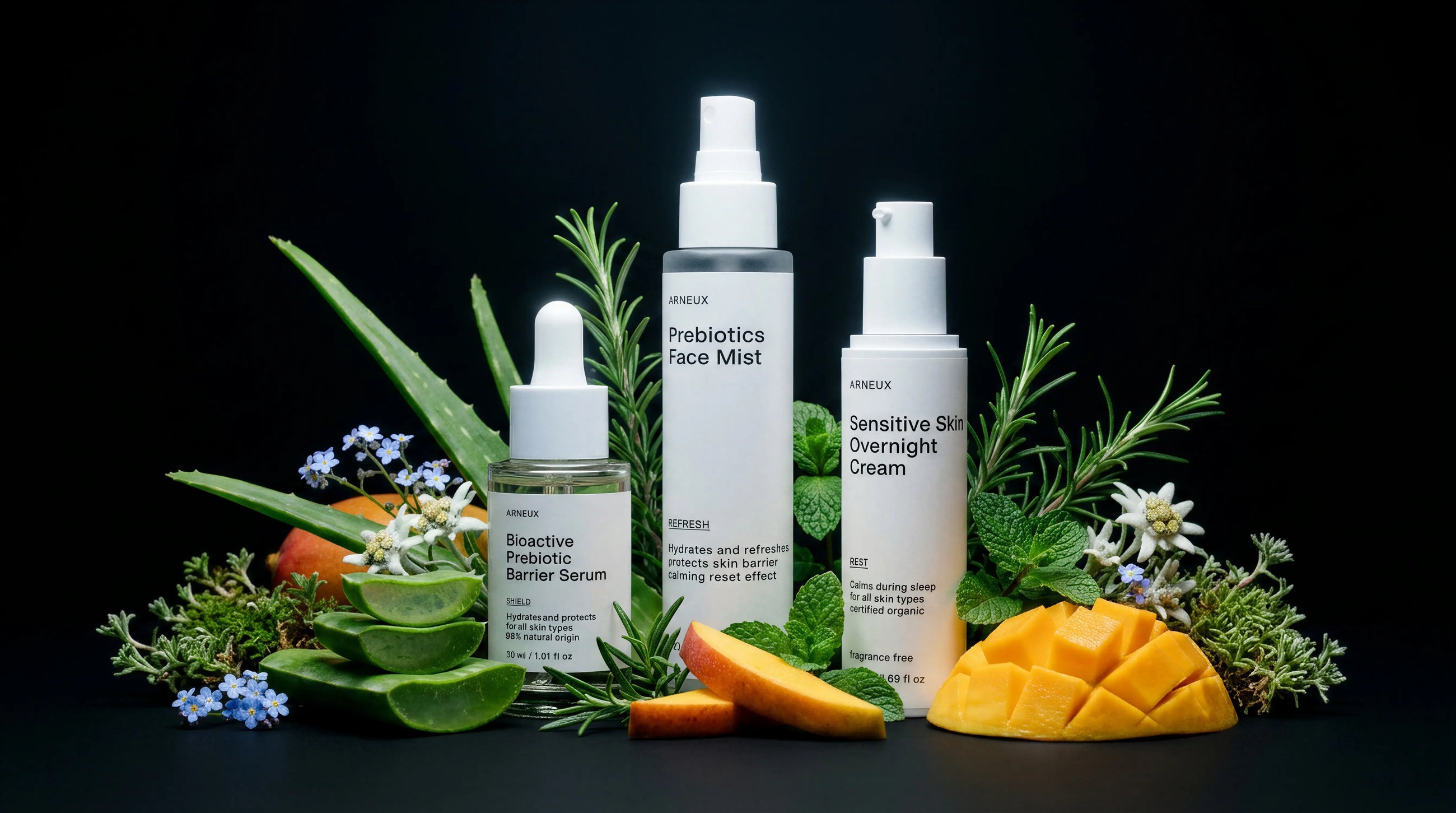 ARNEUX FORTIFY skin barrier routine with prebiotic botanical ingredients on dark background