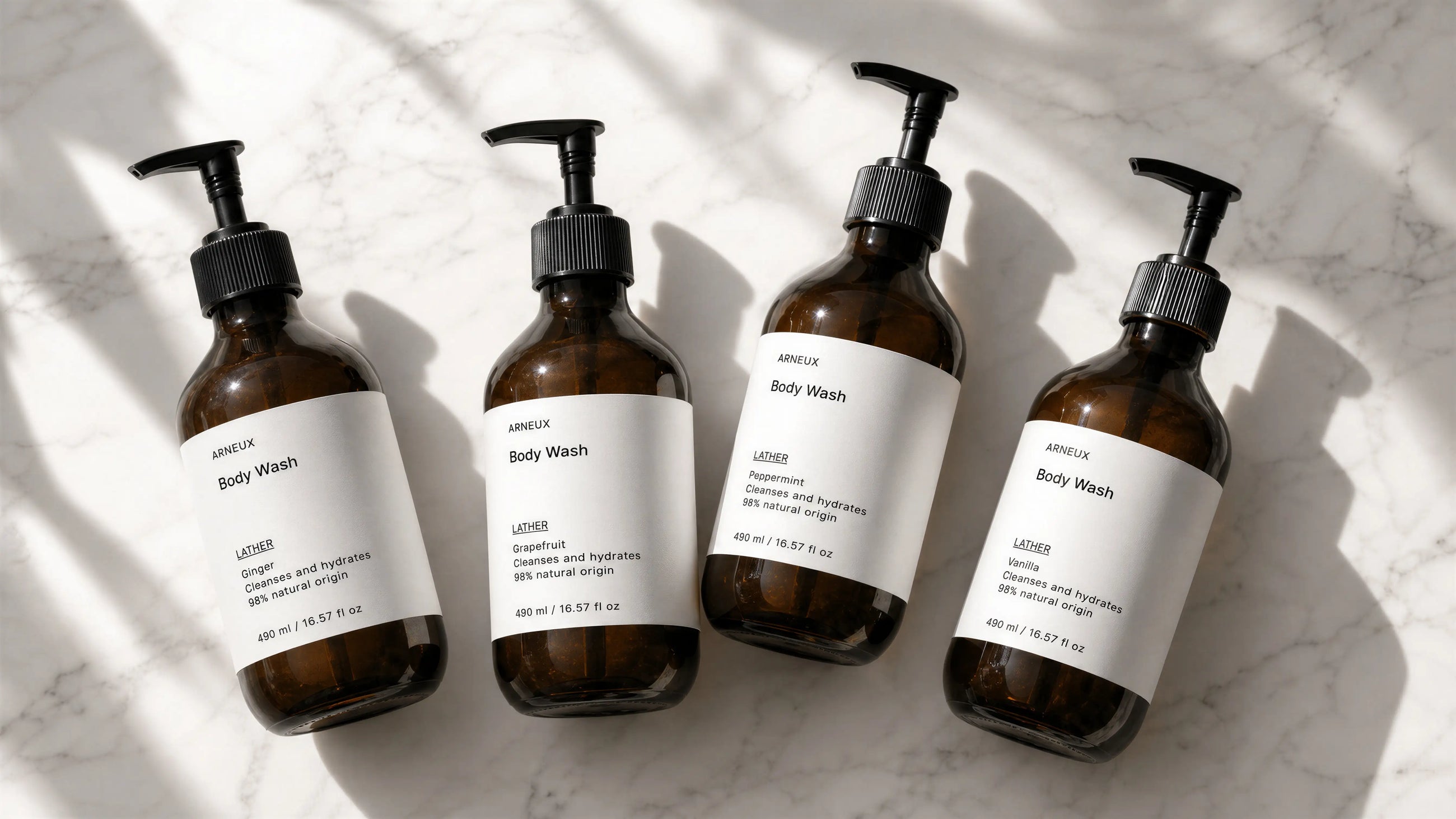 ARNEUX INDULGE organic body wash collection lifestyle shot, COSMOS certified shower routine
