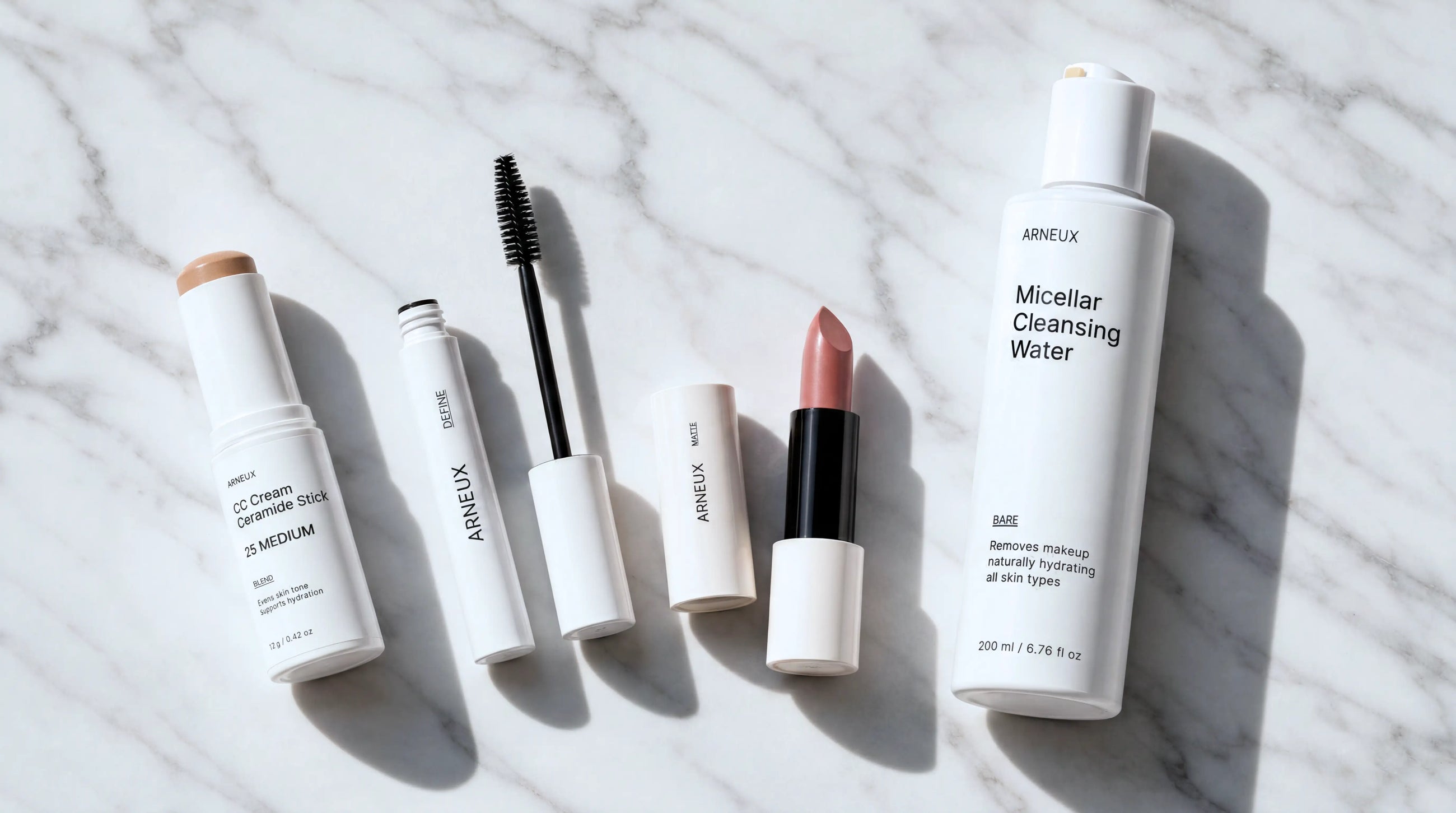 ARNEUX READY organic everyday makeup routine lifestyle shot, CC cream, mascara and lipstick, COSMOS certified