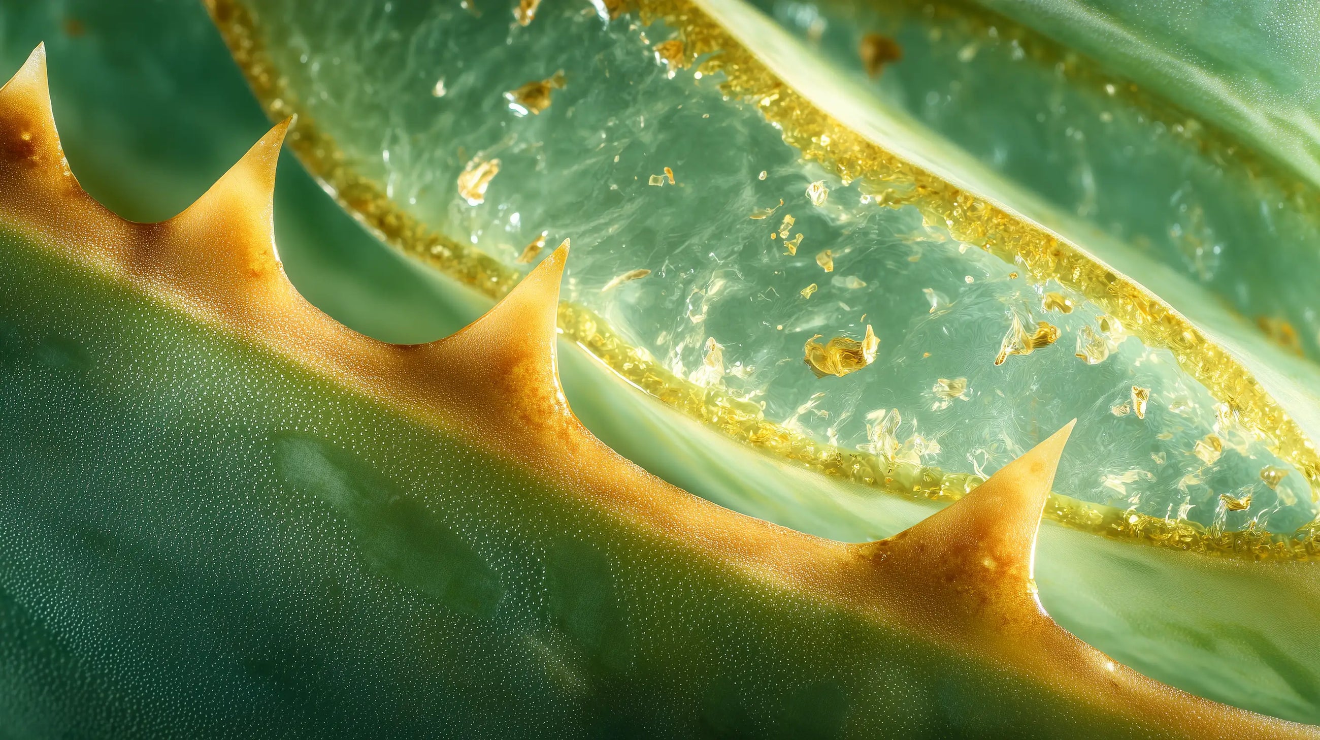 Fresh aloe vera leaf cross-section revealing clear hydrating gel, key ingredient in BARE cleanser