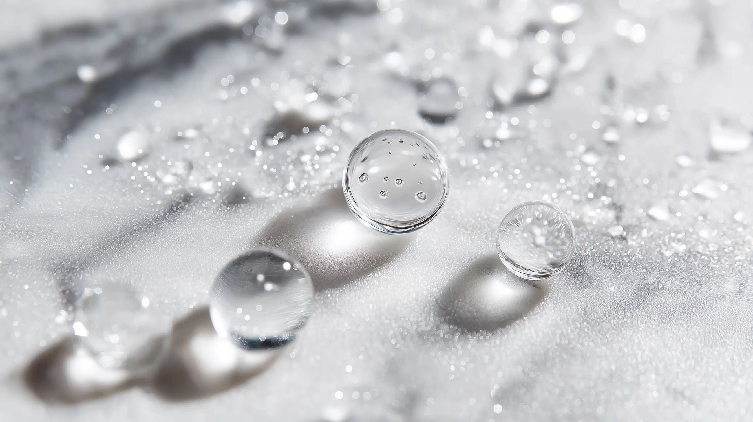Translucent water droplets on silver surface showing micellar cleansing water texture close-up
