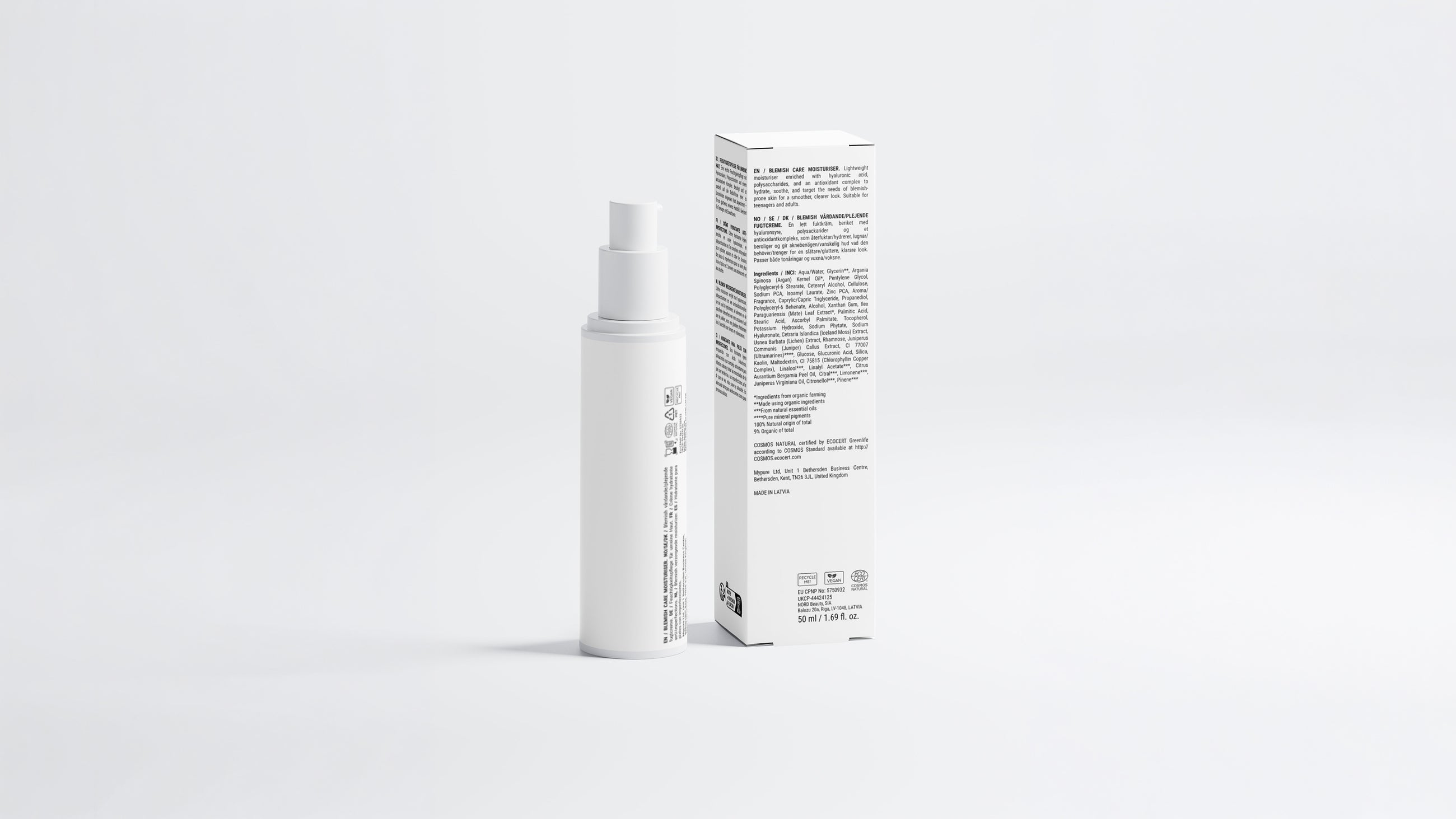 CALM blemish moisturizer bottle and box back panel showing ingredient list and directions