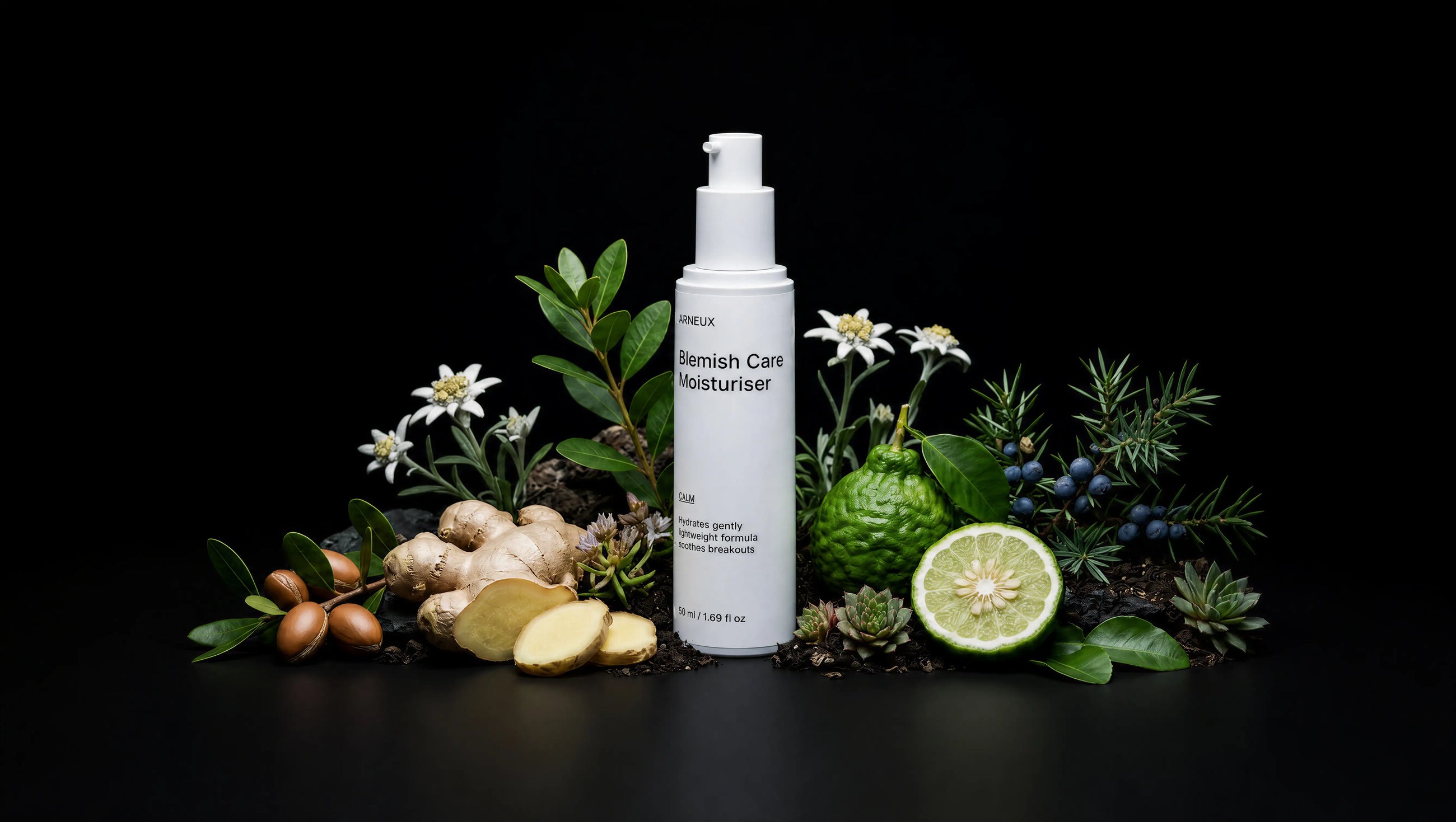 CALM moisturizer bottle with ginger, bergamot, juniper berries, argan and edelweiss on black