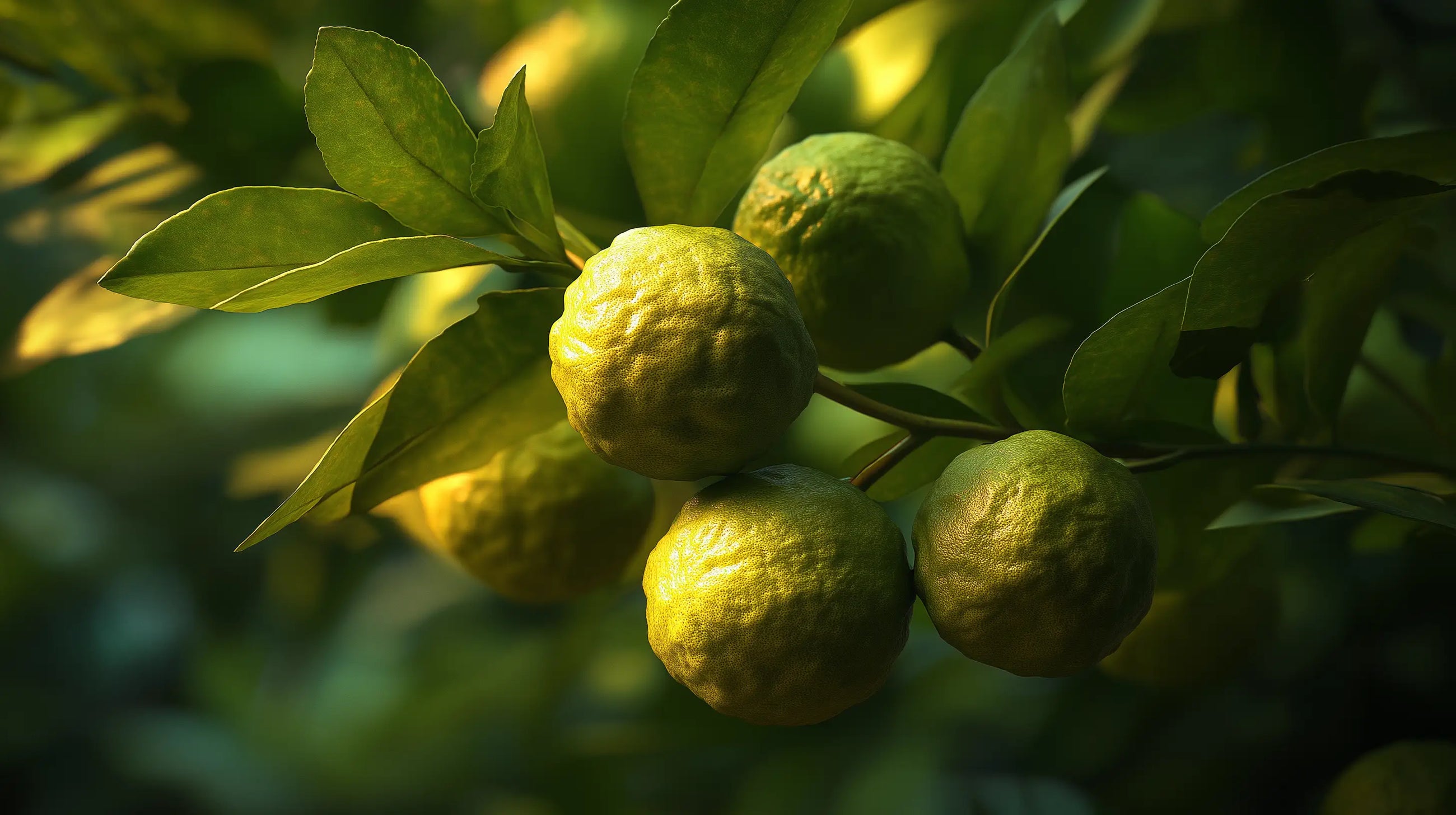 Fresh kaffir bergamot limes on branch with dark leaves, clarifying botanical ingredient in CALM