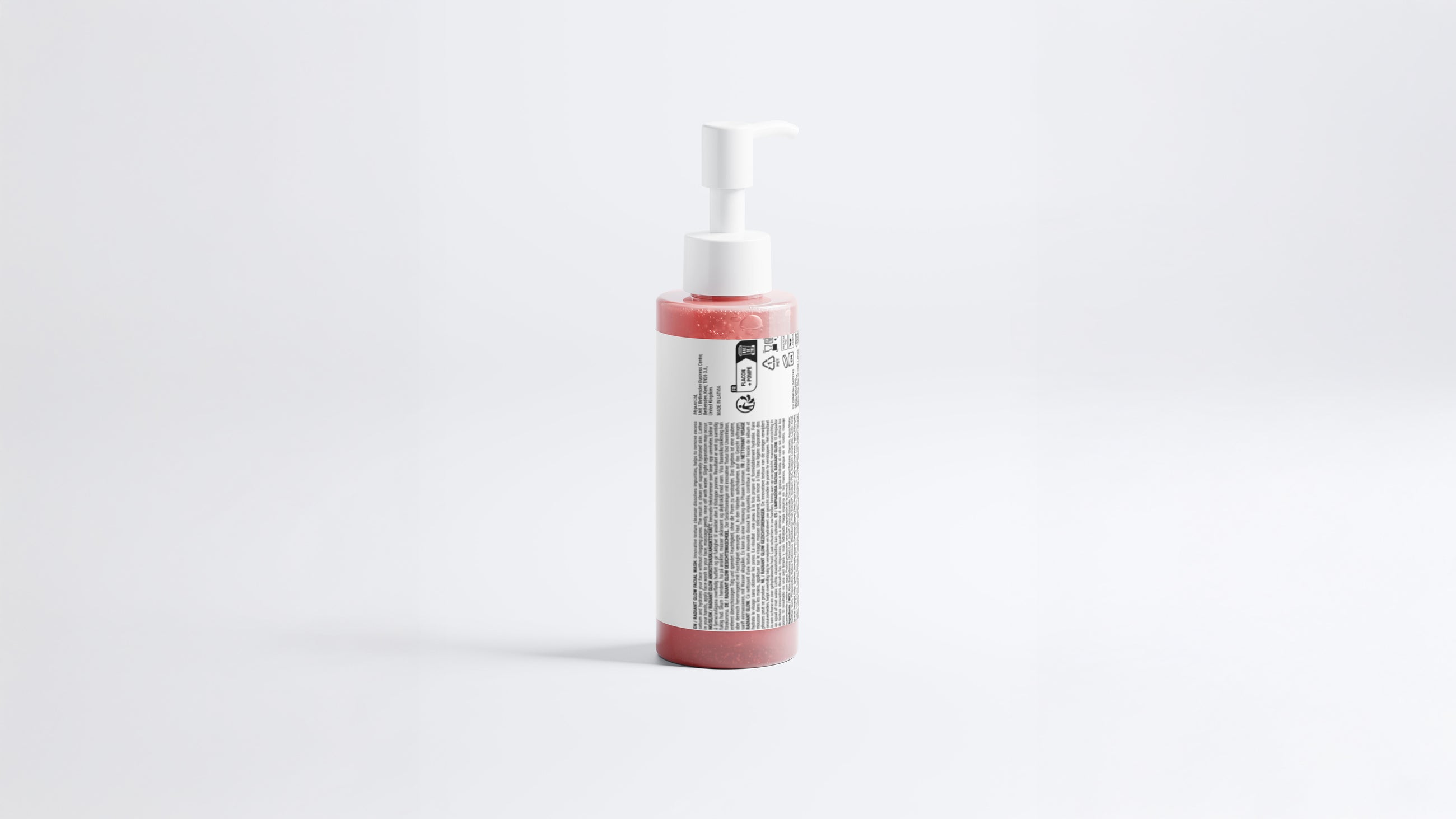 CLEANSE radiant glow facial wash bottle side view showing back label on grey background