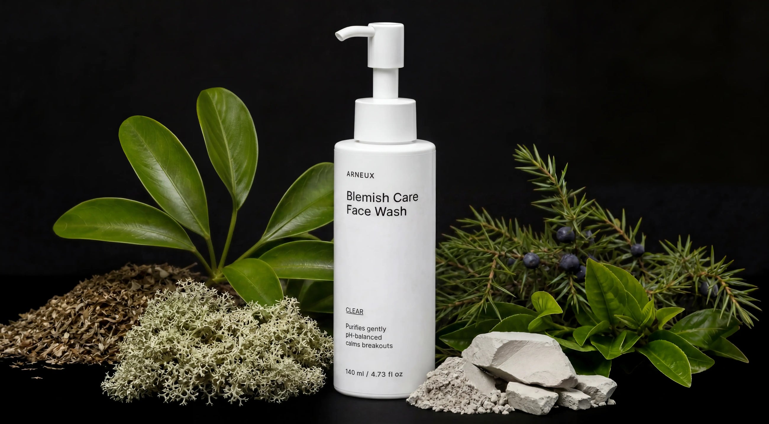 CLEAR face wash bottle with juniper berries, cedar sprigs, clay minerals and Iceland moss on black