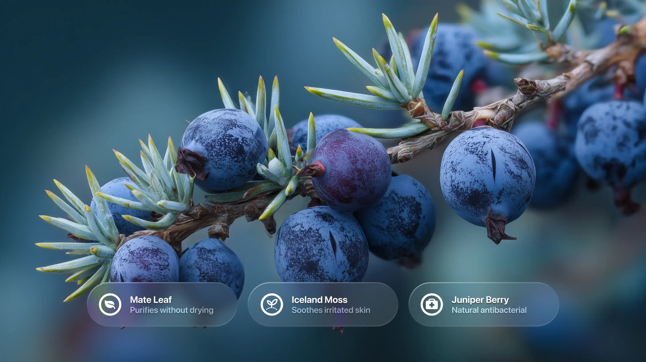Juniper berries on branch with mate leaf, Iceland moss and juniper berry ingredient callouts