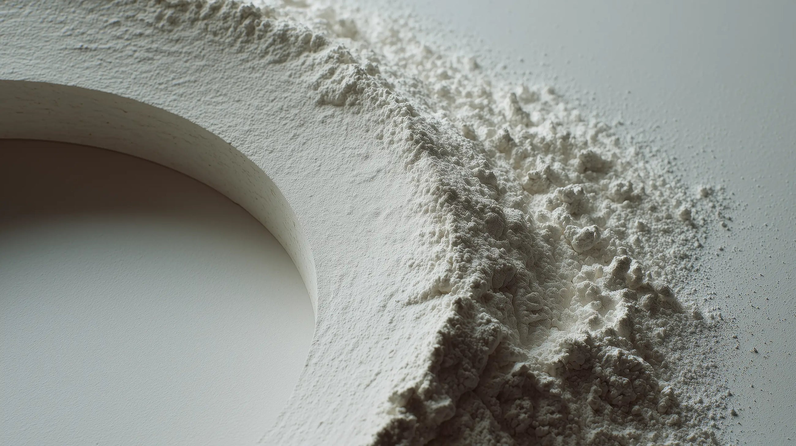 Kaolin clay powder dusted on curved white surface, purifying mineral ingredient in CLEAR face wash