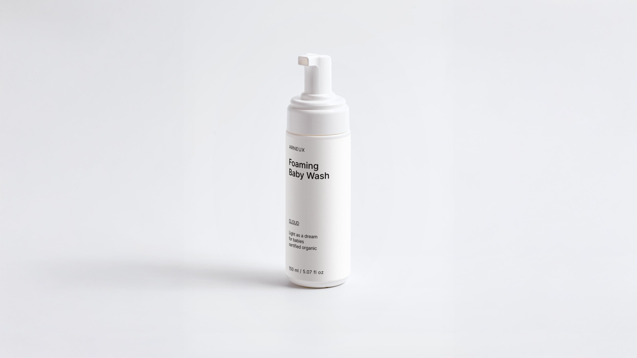 Arneux CLOUD foaming baby wash foam pump bottle, front label view on light grey background