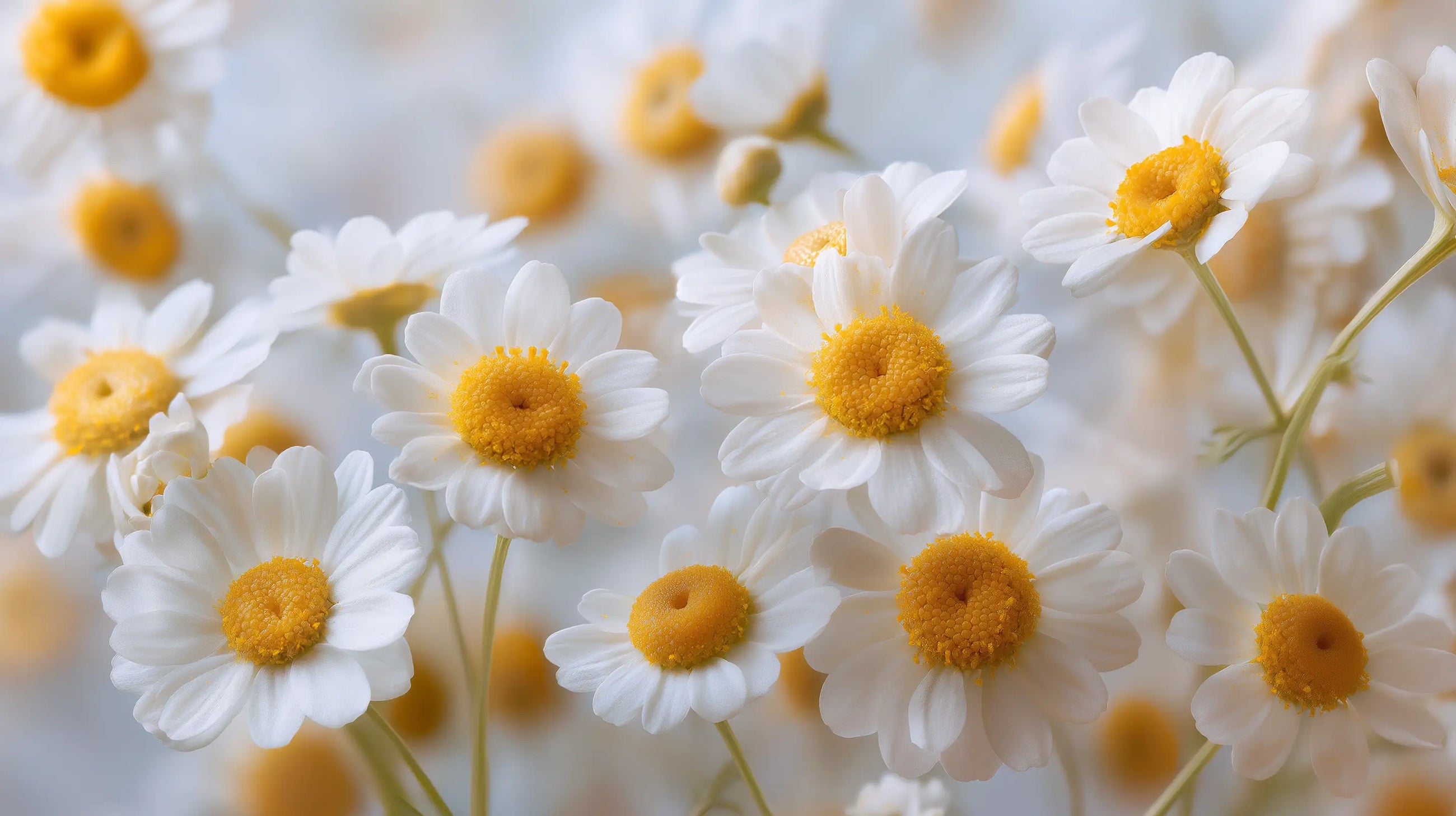 Chamomile daisy flowers close-up, soothing botanical ingredient in CLOUD COSMOS certified foaming baby wash