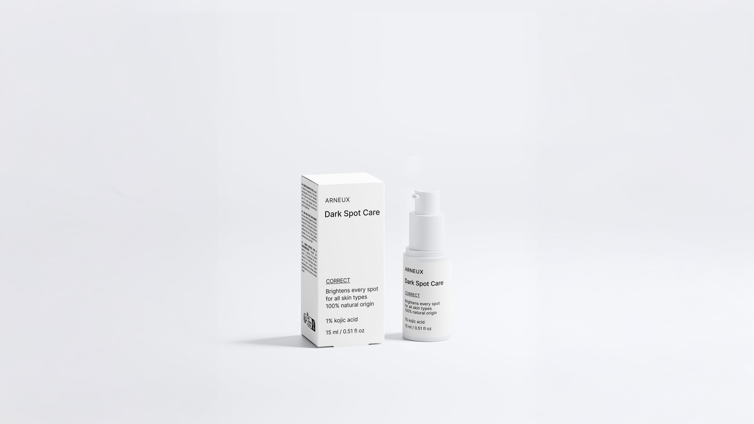 CORRECT dark spot care bottle and box packaging set on grey background