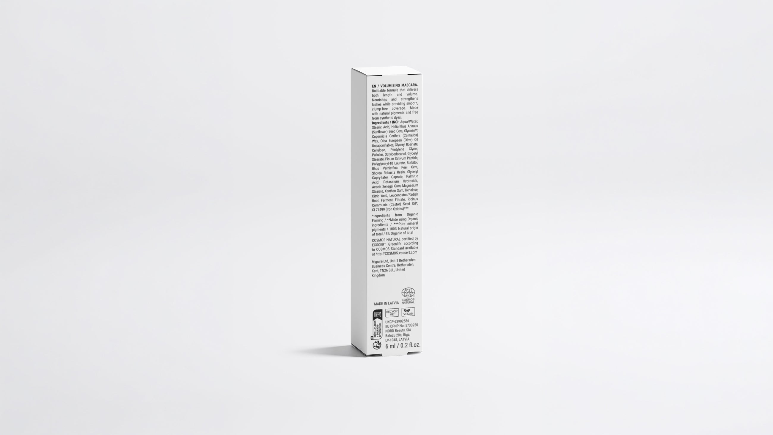 DEFINE mascara box back panel showing full ingredient list and application directions