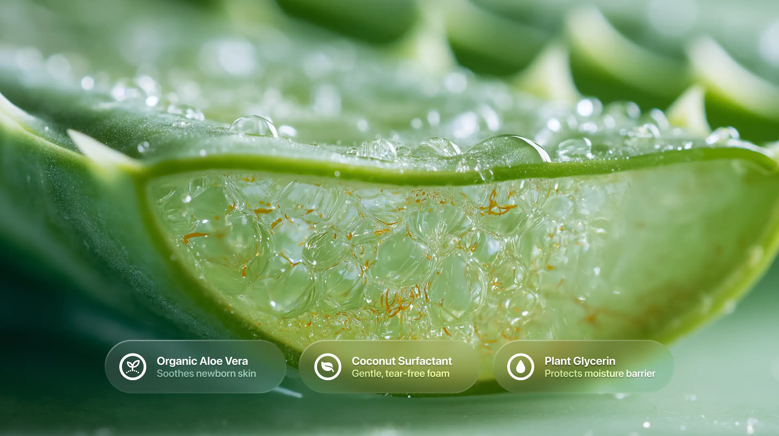 Aloe vera leaf gel cross-section with organic aloe vera, coconut surfactant and plant glycerin ingredient callouts