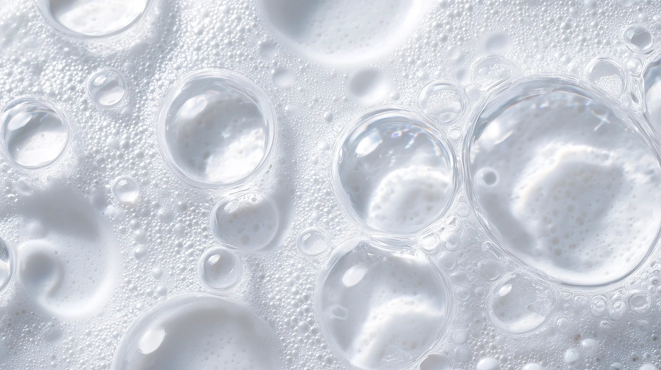 Clear water droplets and soap bubbles texture close-up, ultra-gentle tear-free formula from DELICATE baby wash