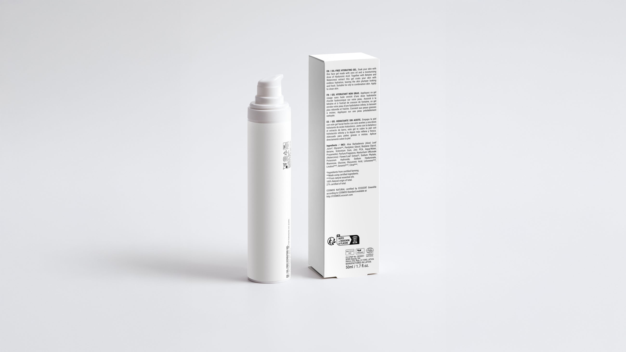 DEW hydrating gel bottle beside box, side view showing back label ingredient list