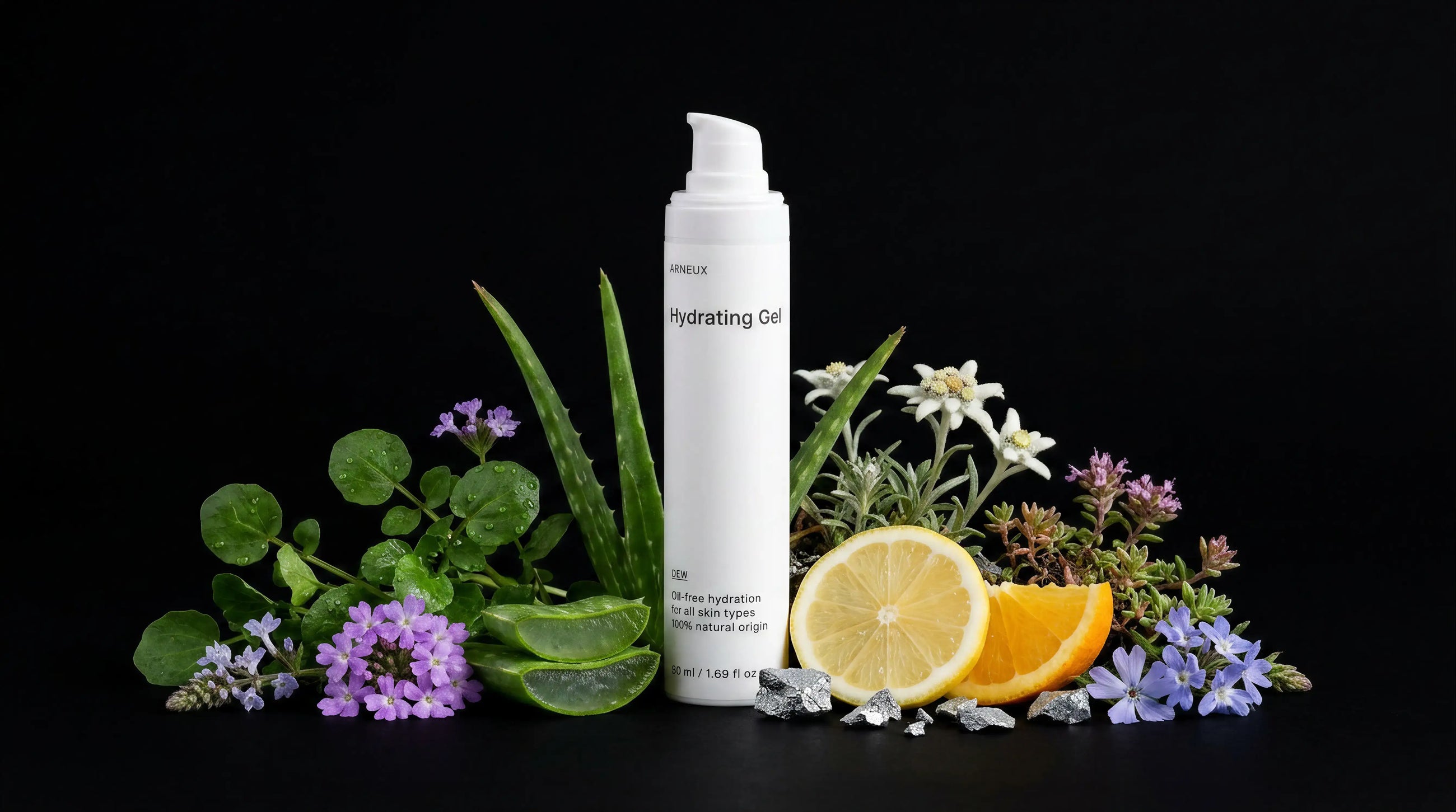 DEW hydrating gel bottle with aloe, centella asiatica, edelweiss and citrus on black background