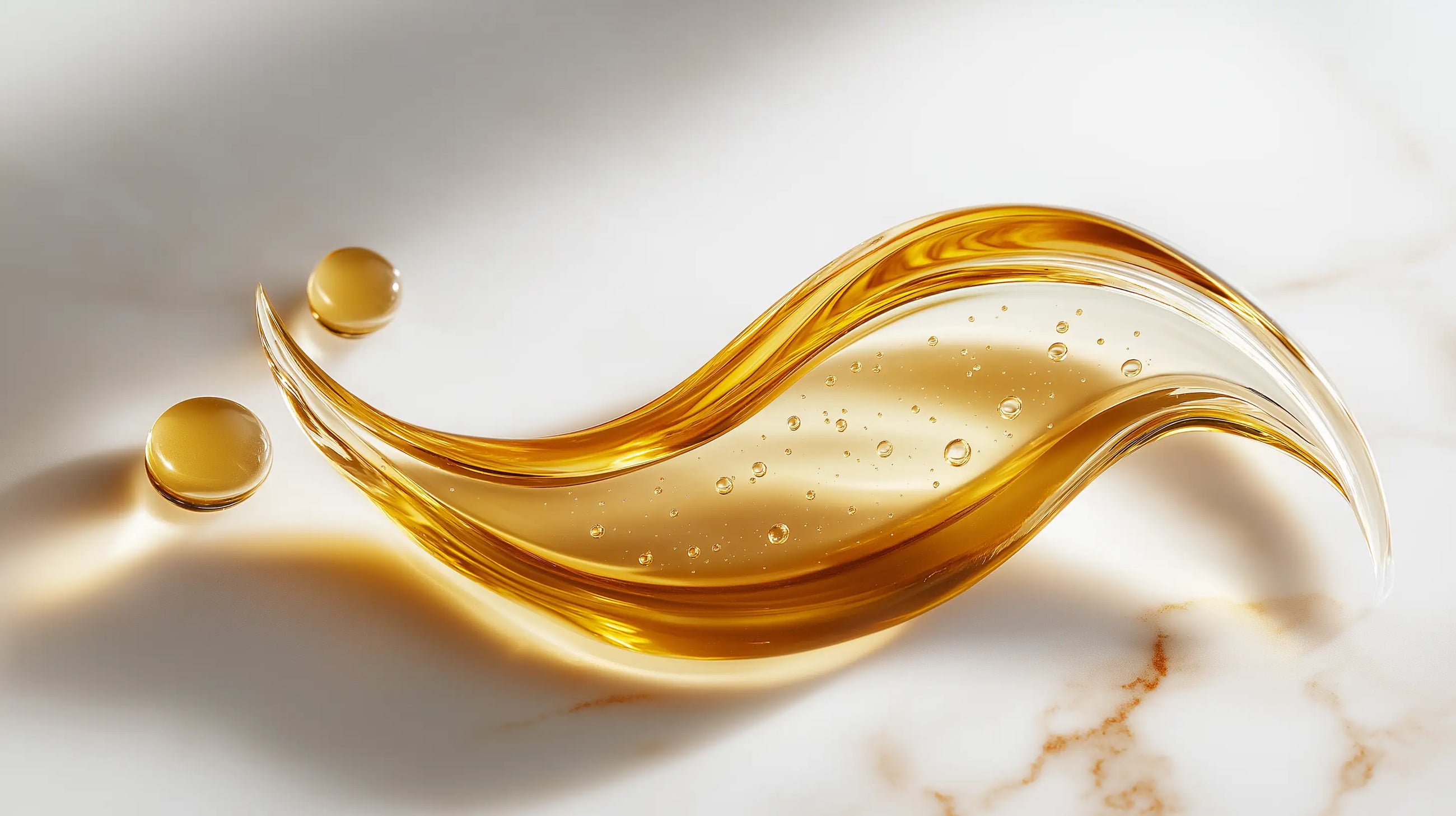 Golden oil phase swirling on marble surface, showing DISSOLVE biphasic remover oil-water formula