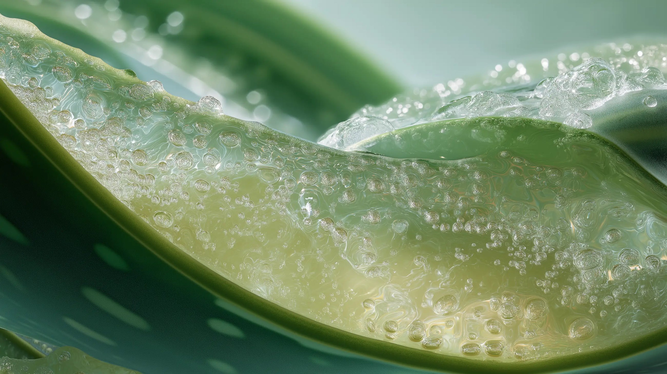 Aloe vera leaf cross-section with clear gel and water bubbles, soothing ingredient in clay mask