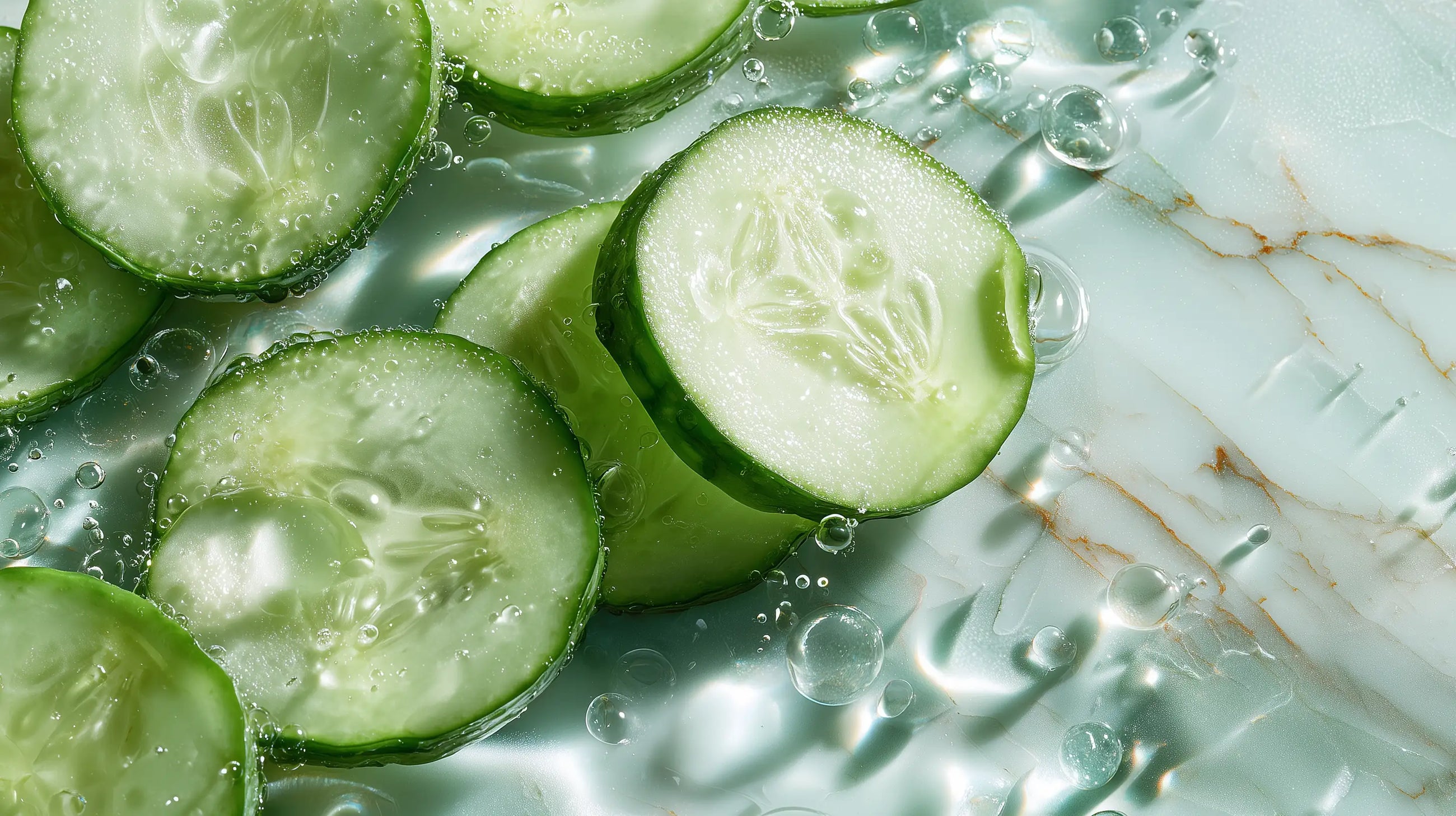 Fresh cucumber slices floating in water close-up, hydrating ingredient preventing clay mask tightness