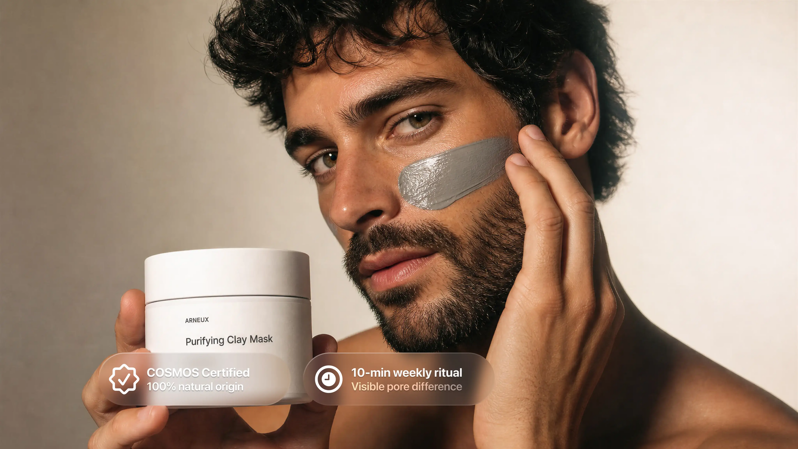 Man with FLAWLESS clay mask applied to cheeks, COSMOS certified 10-minute weekly ritual callout