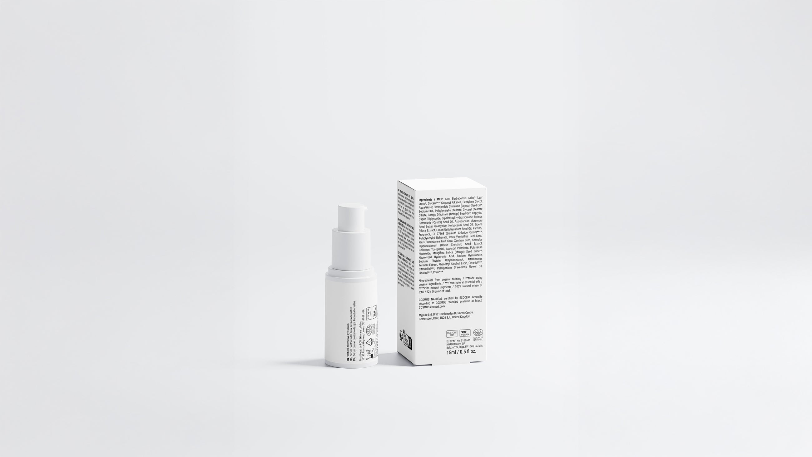 FOCUS retinol alternative eye serum bottle beside box back panel showing ingredient list