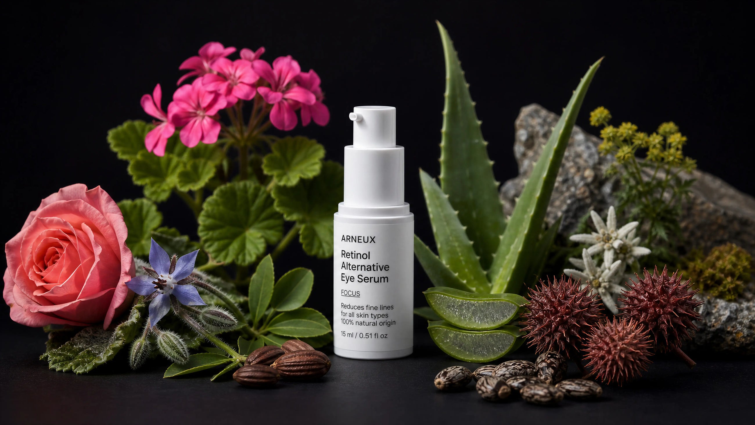 FOCUS eye serum bottle with pink geranium, rose, aloe vera, edelweiss and almonds on black background
