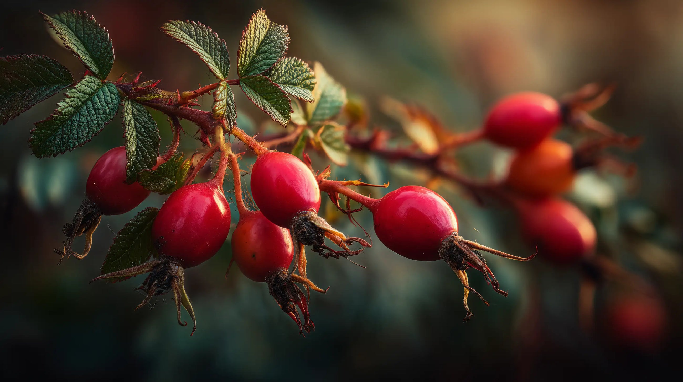 Deep red rosehip berries on branch close-up, vitamin C rich botanical in GLOW retinol alternative serum