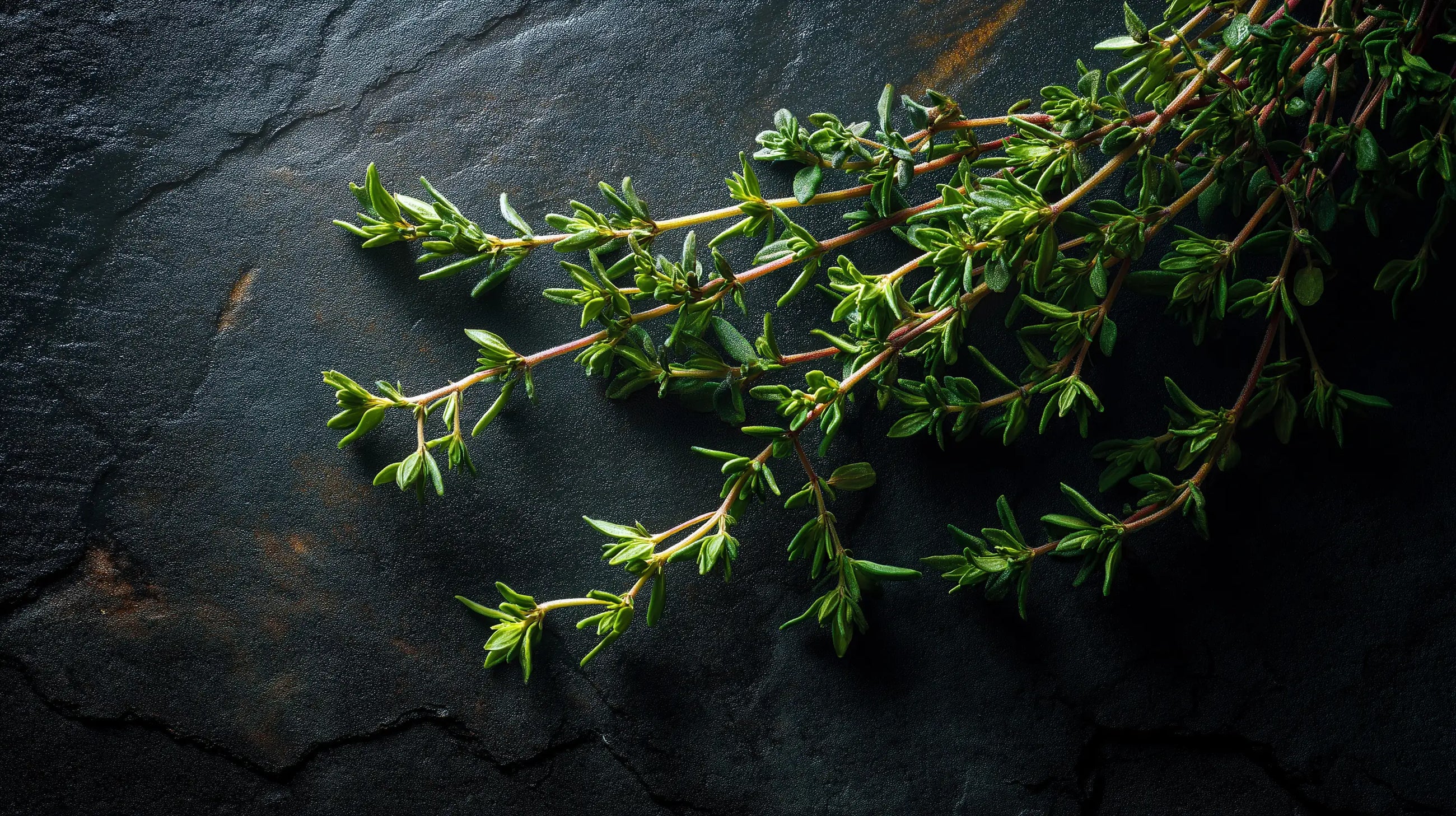 Fresh thyme sprigs laid on dark slate, botanical ingredient in HYDRATE hydrating body lotion