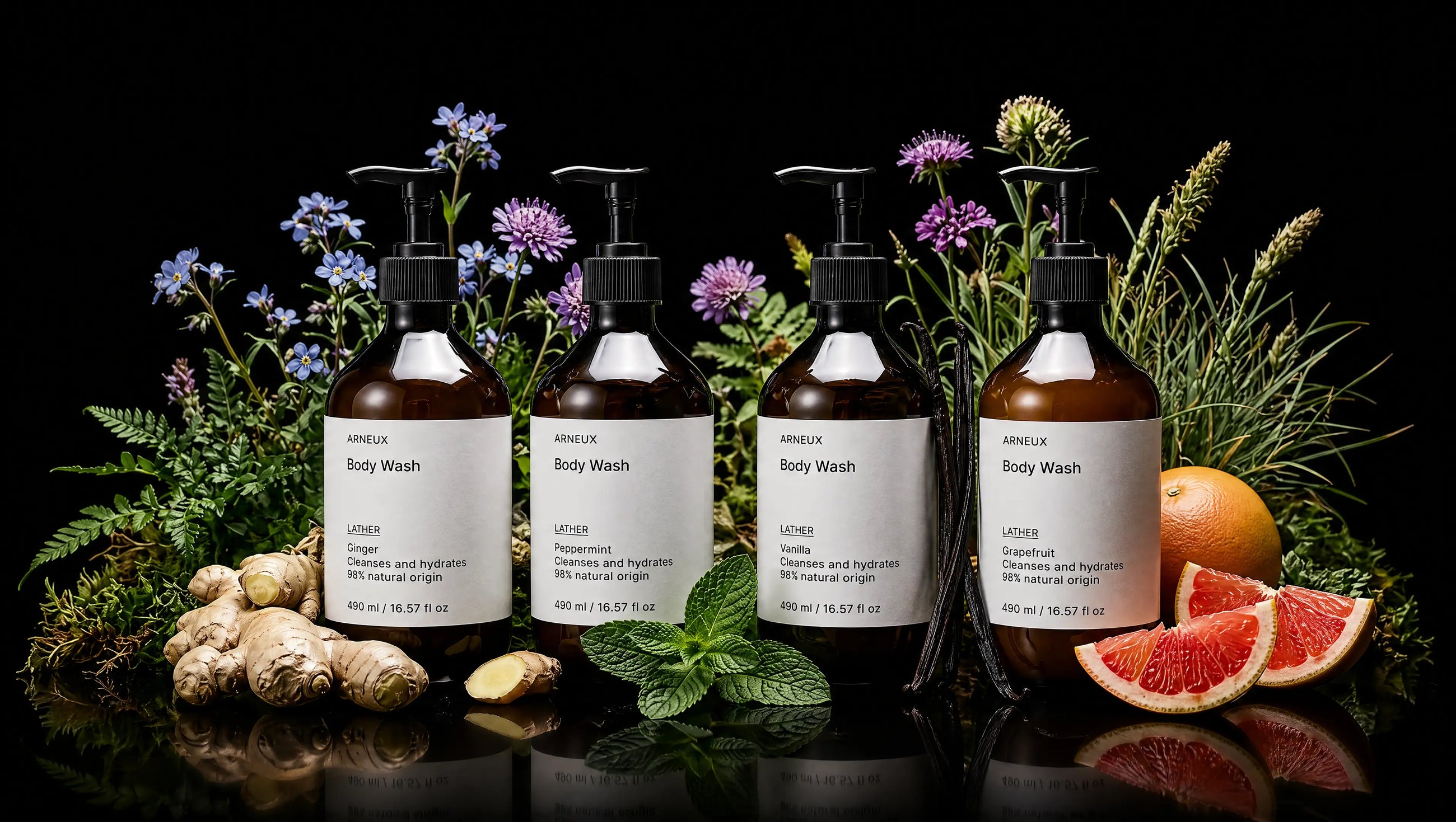 LATHER body wash all four scents ginger grapefruit peppermint vanilla with botanicals on black