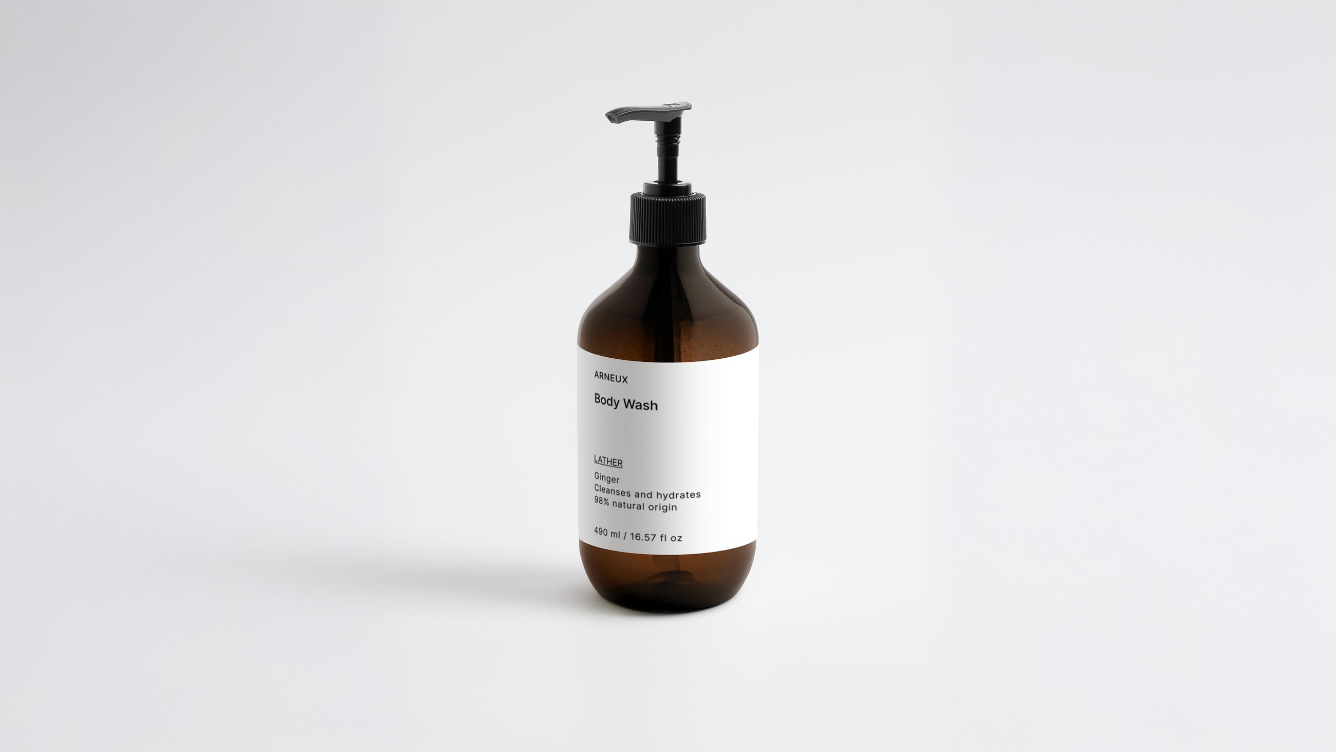 Arneux LATHER body wash amber bottle Ginger scent, front label on grey background