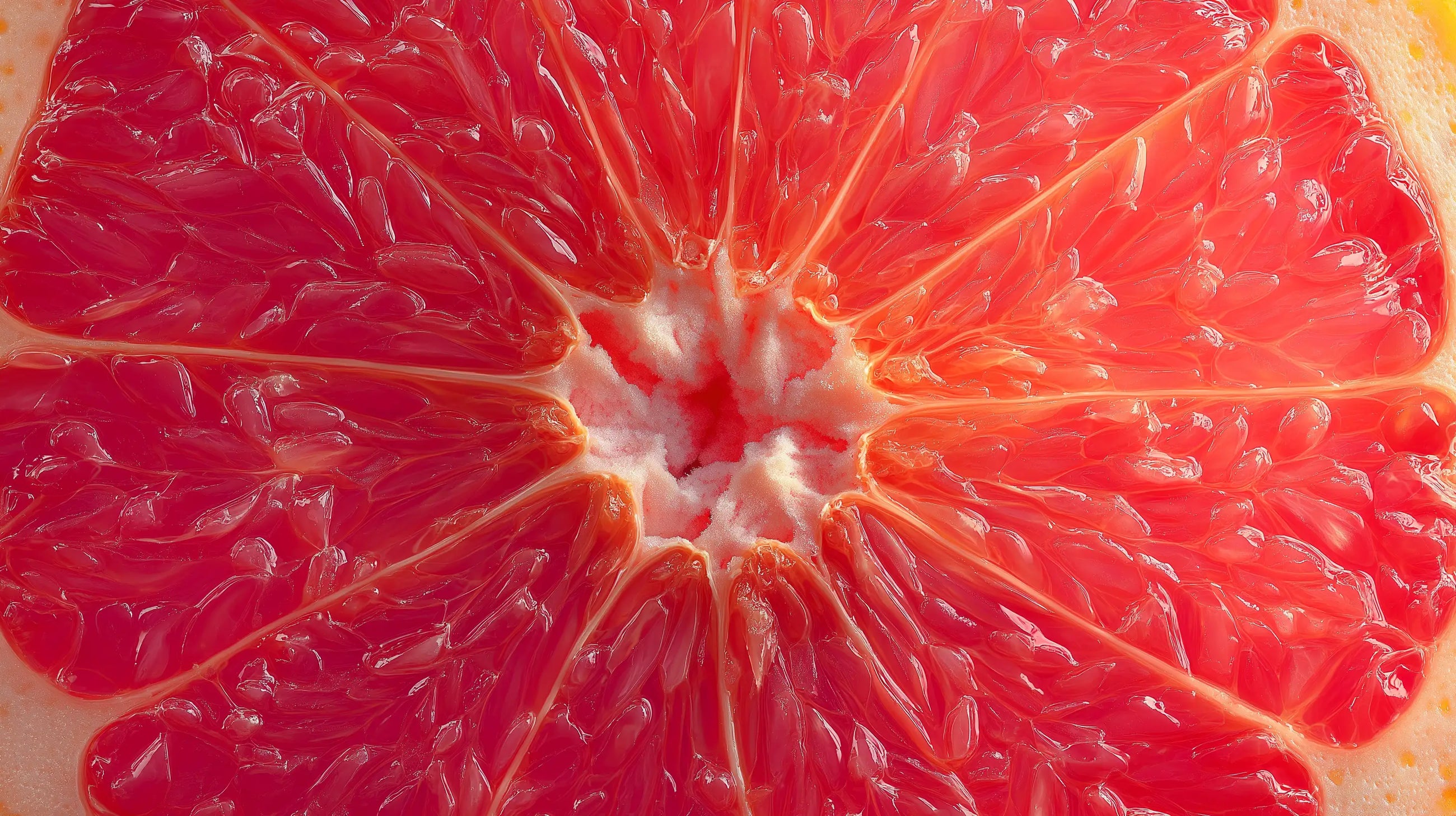 Vibrant pink grapefruit cross-section close-up, brightening citrus ingredient in LATHER grapefruit body wash