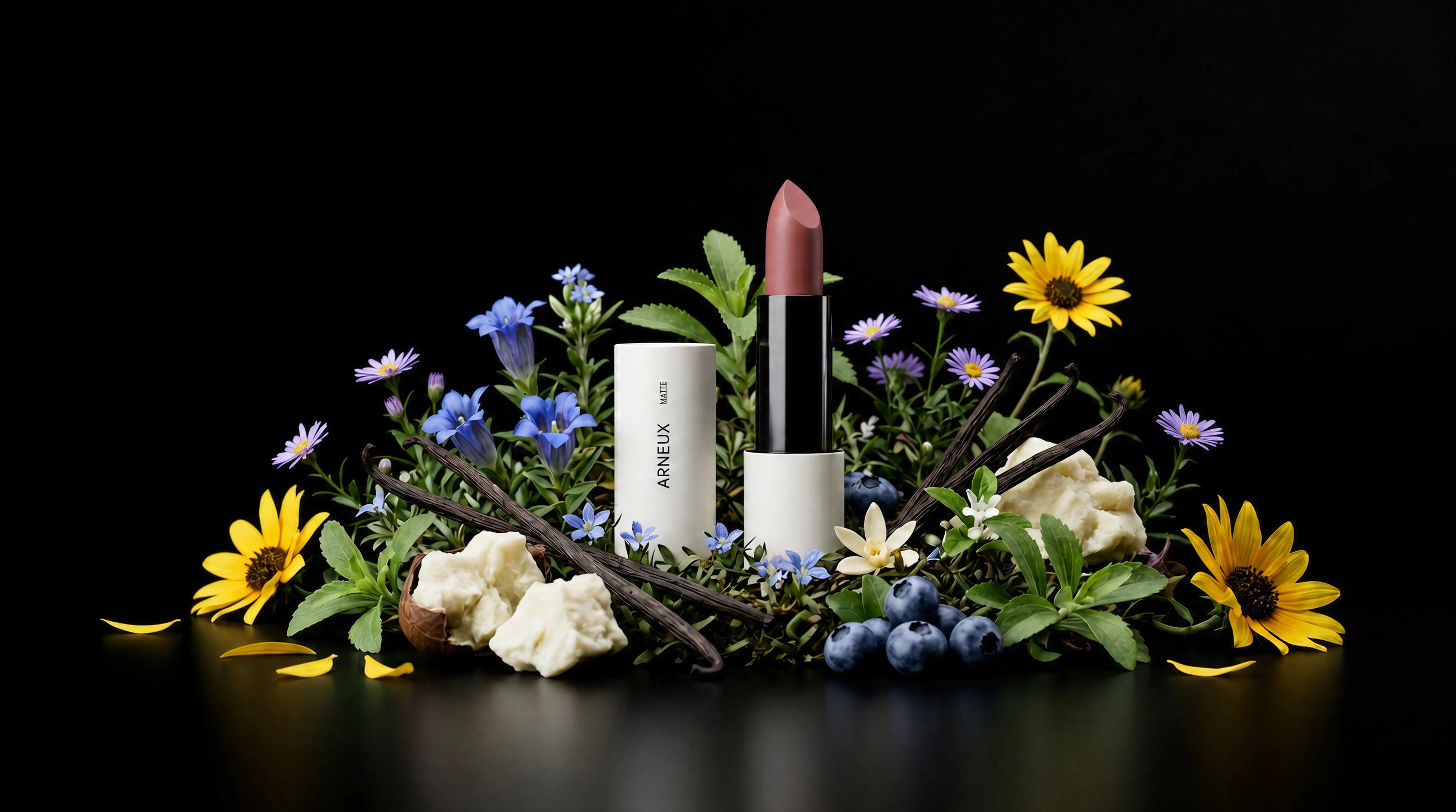 MATTE lipstick nestled among sunflowers, vanilla pods, blueberries and wildflowers on black