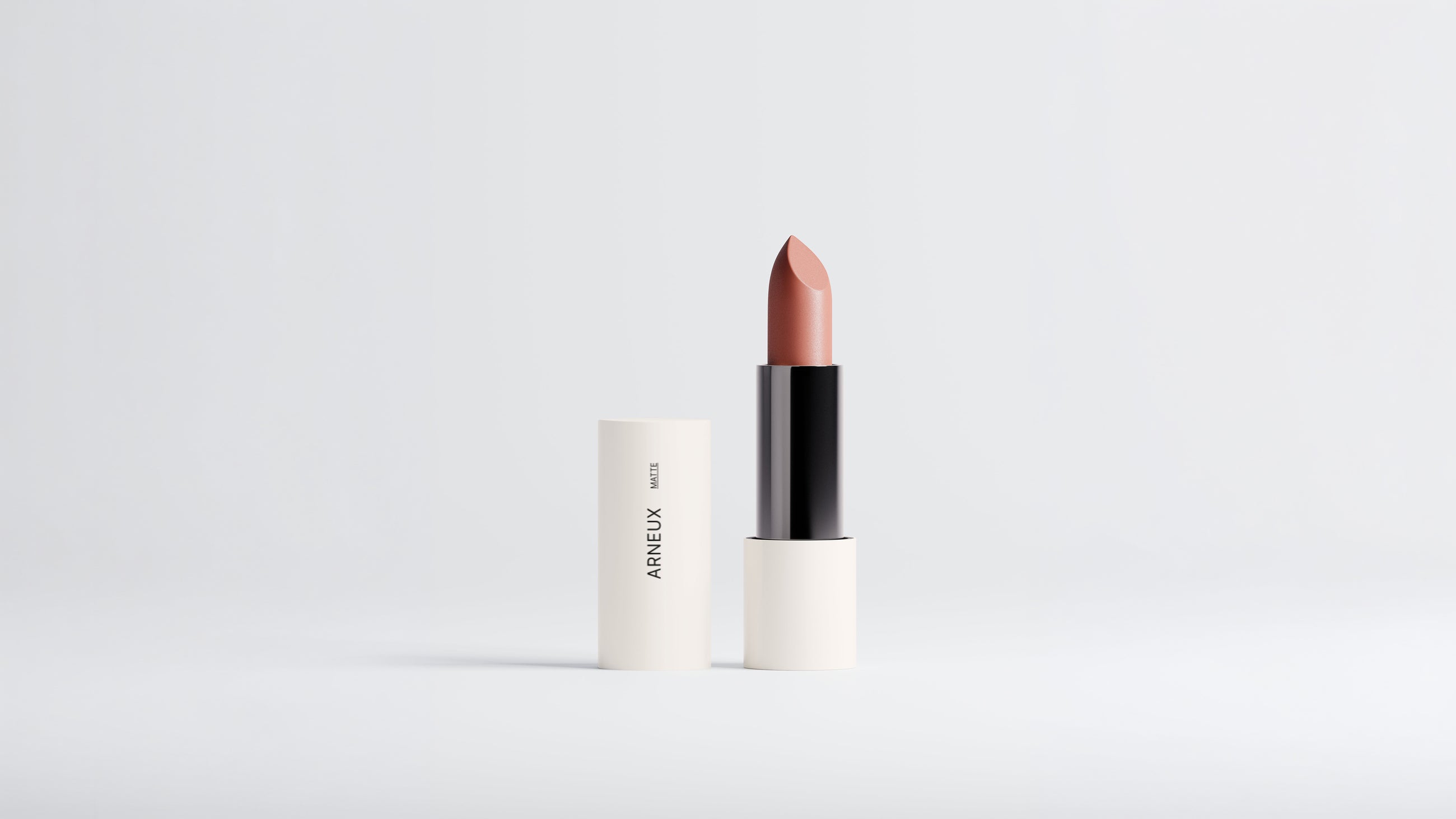 MATTE lipstick Terracotta Nude bullet and cap upright on white background, slim tube profile view