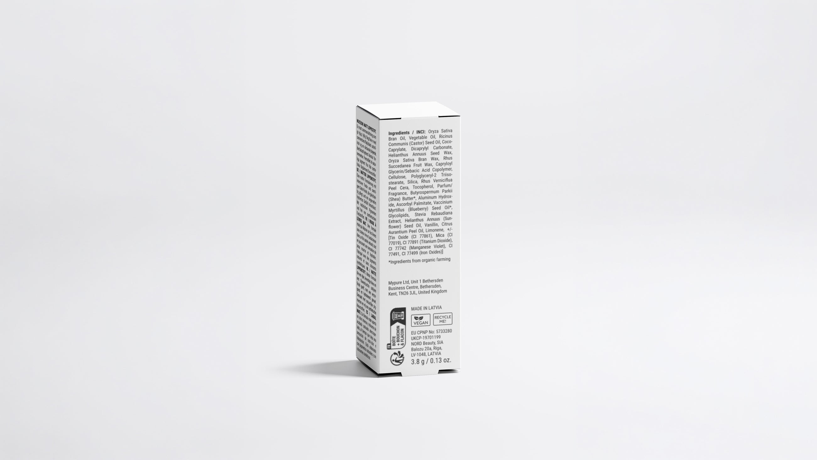 MATTE lipstick box back panel showing full ingredient list and product details