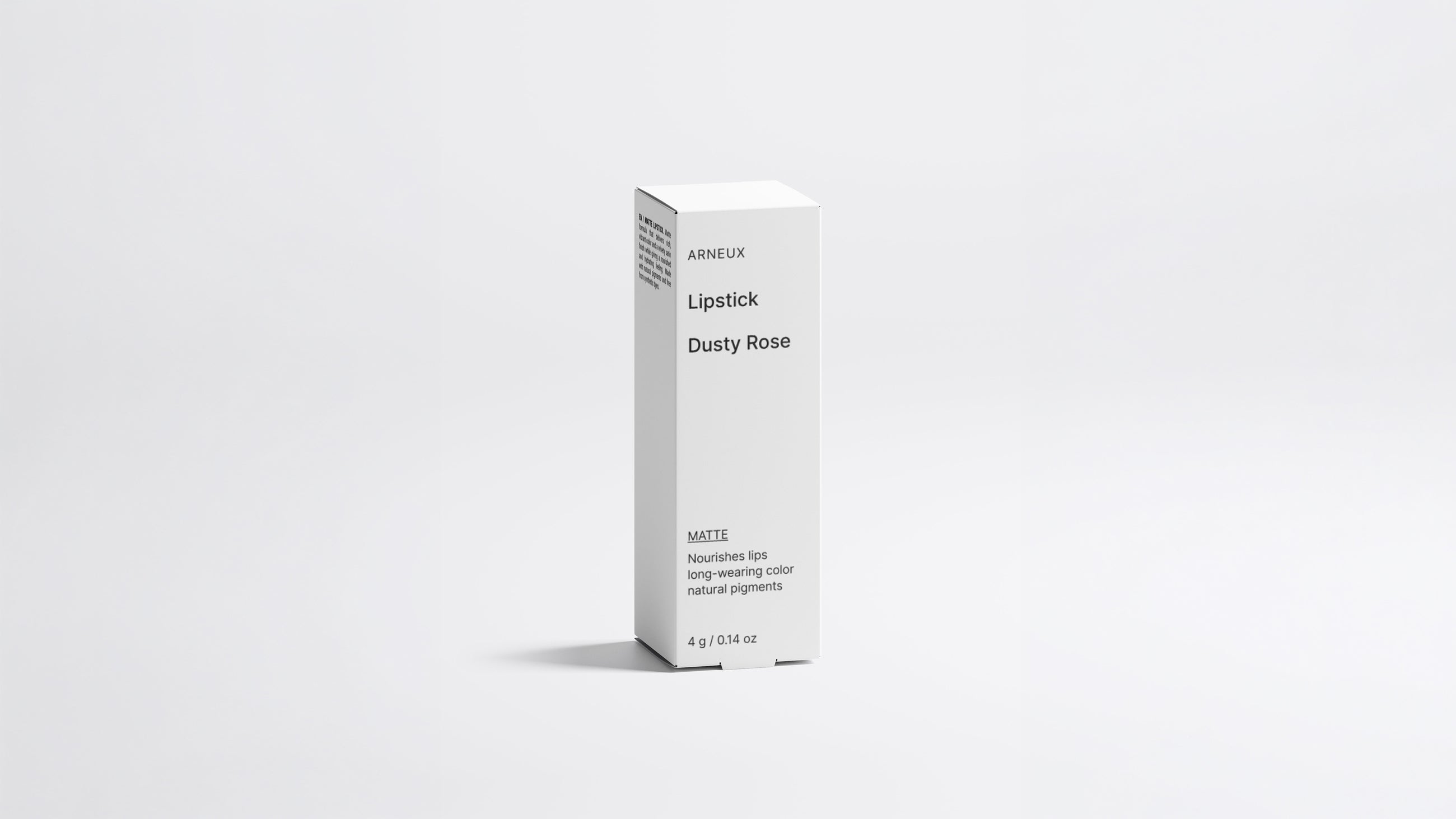 MATTE lipstick Dusty Rose shade box packaging, front label on light grey background