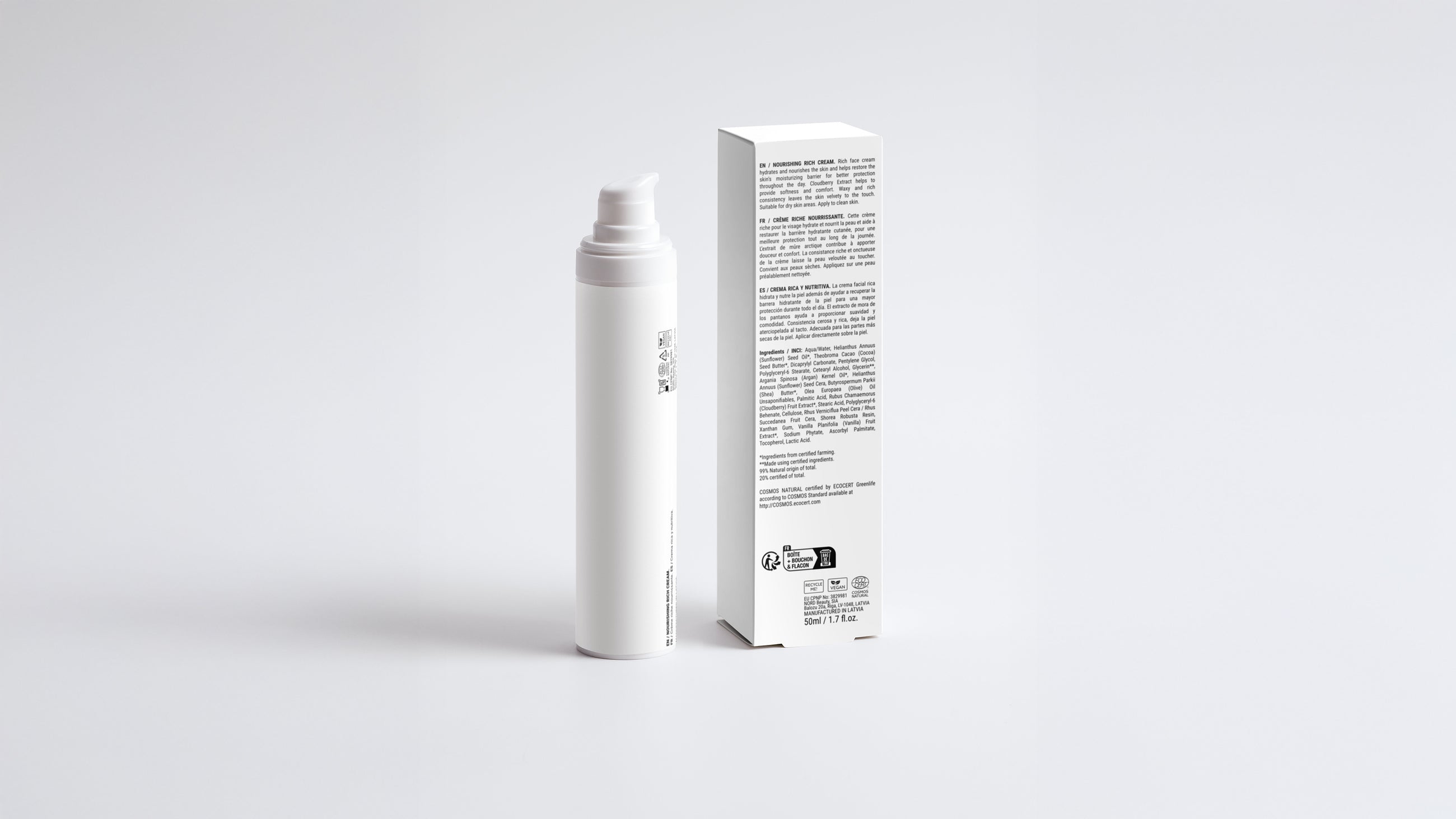 NIGHT nourishing rich cream bottle beside box back panel showing ingredient list