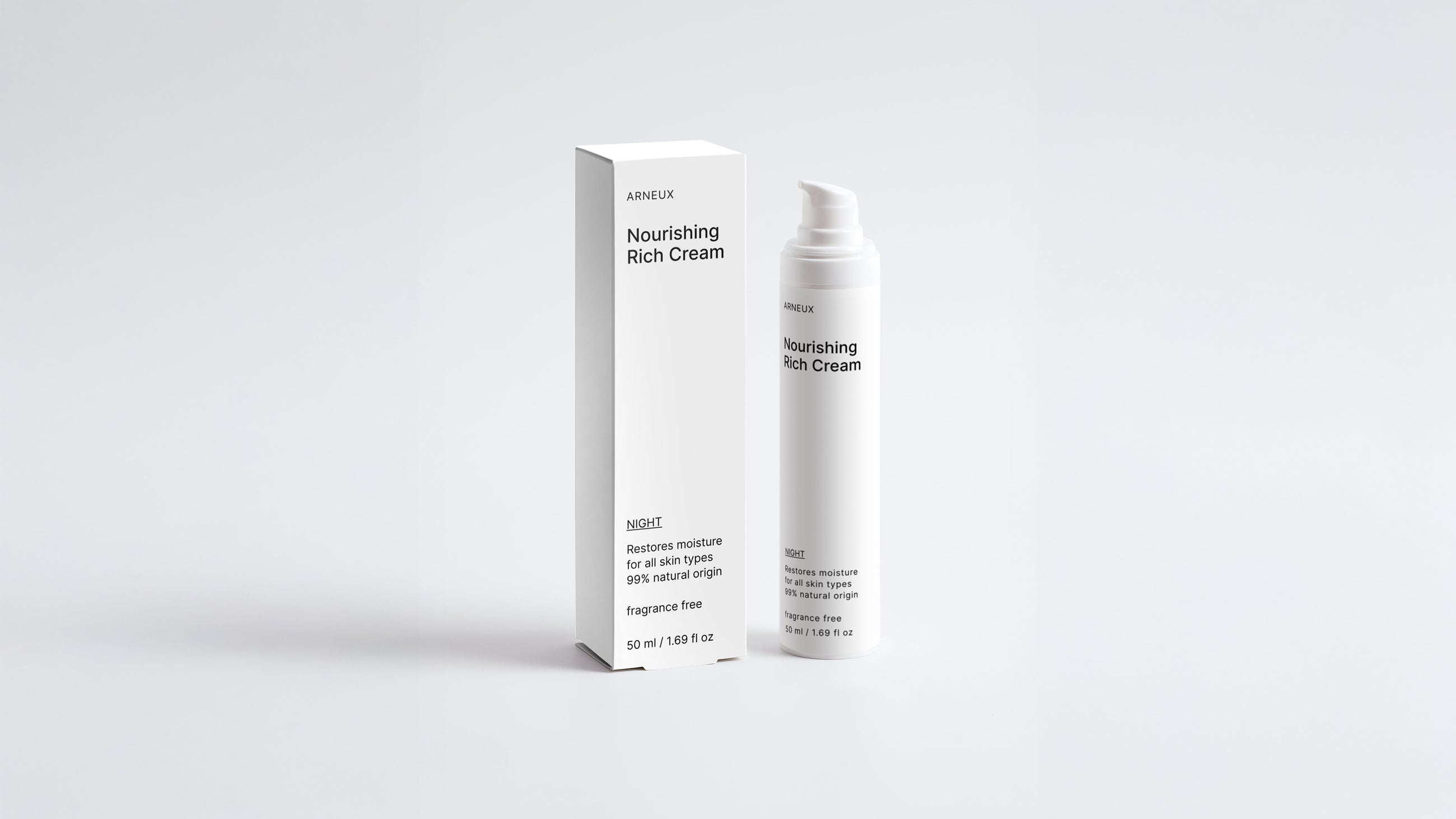 NIGHT nourishing rich cream bottle and box packaging set on grey background