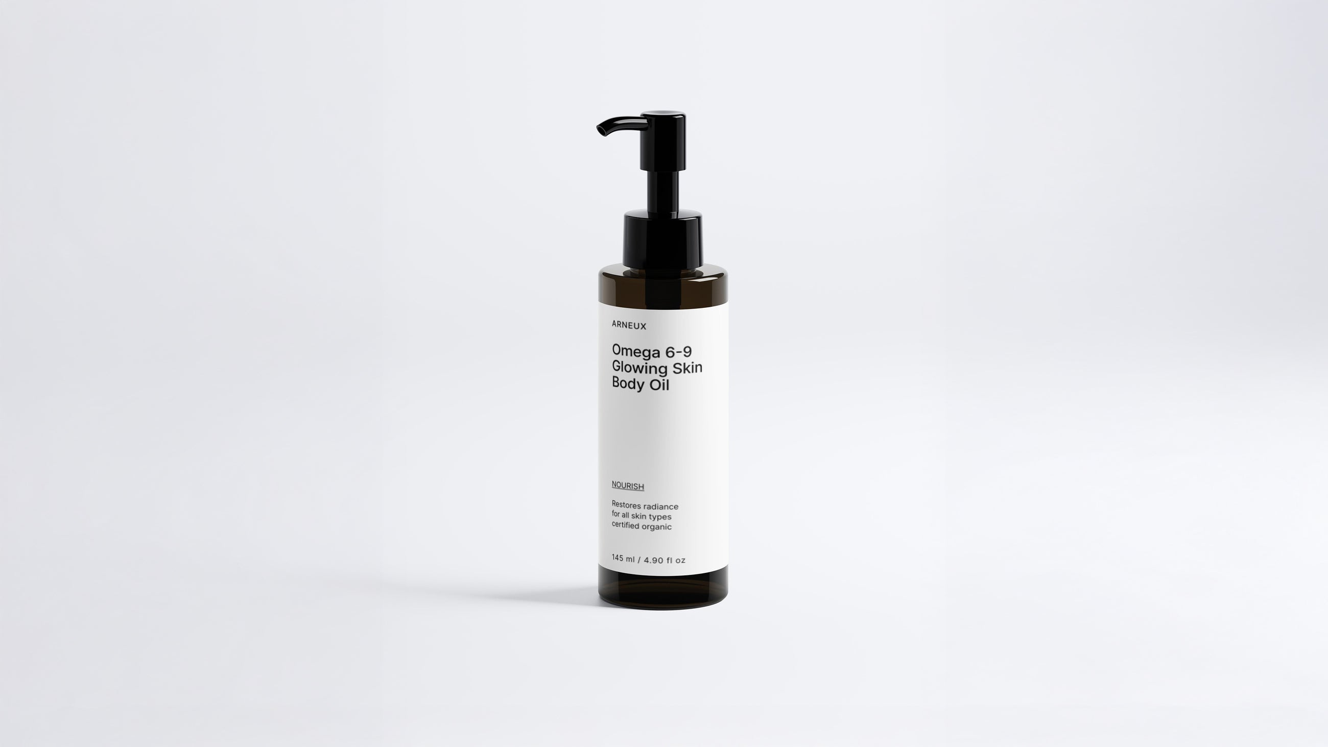 Arneux NOURISH omega 6-9 glowing skin body oil pump bottle, front label view on white background