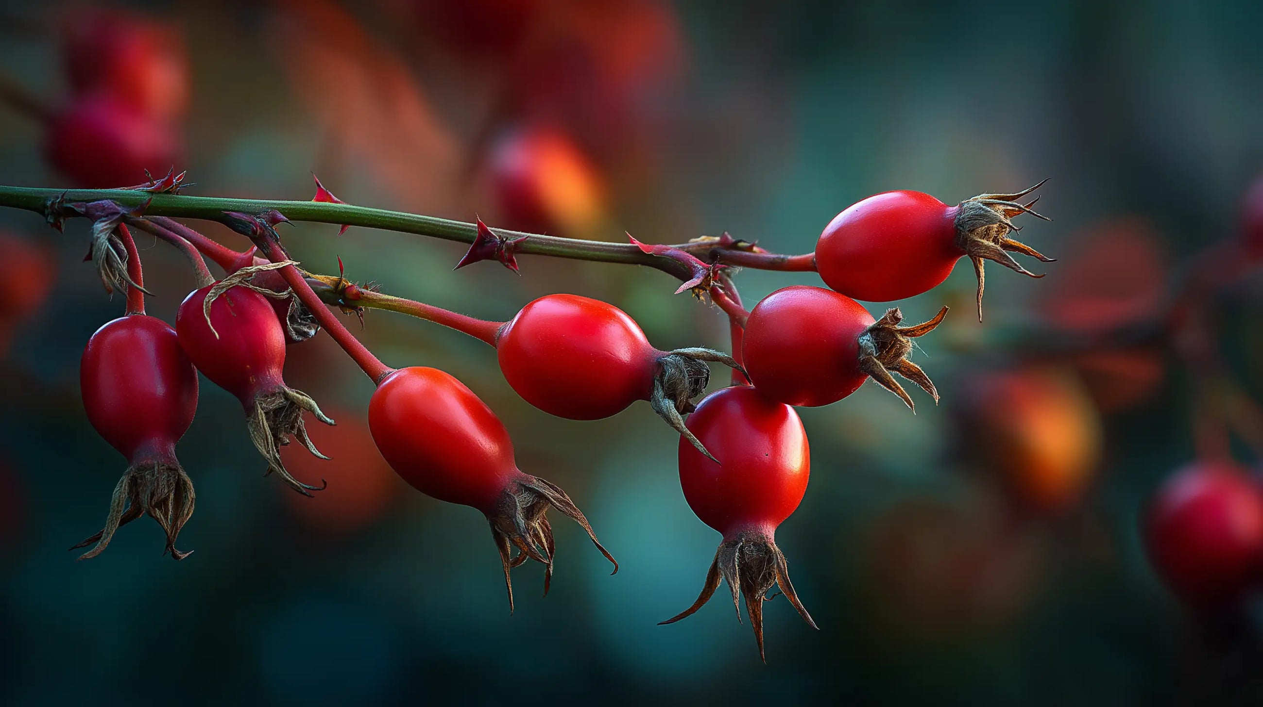 Red rosehip berries on branch close-up, omega-rich botanical ingredient in NOURISH glowing skin body oil