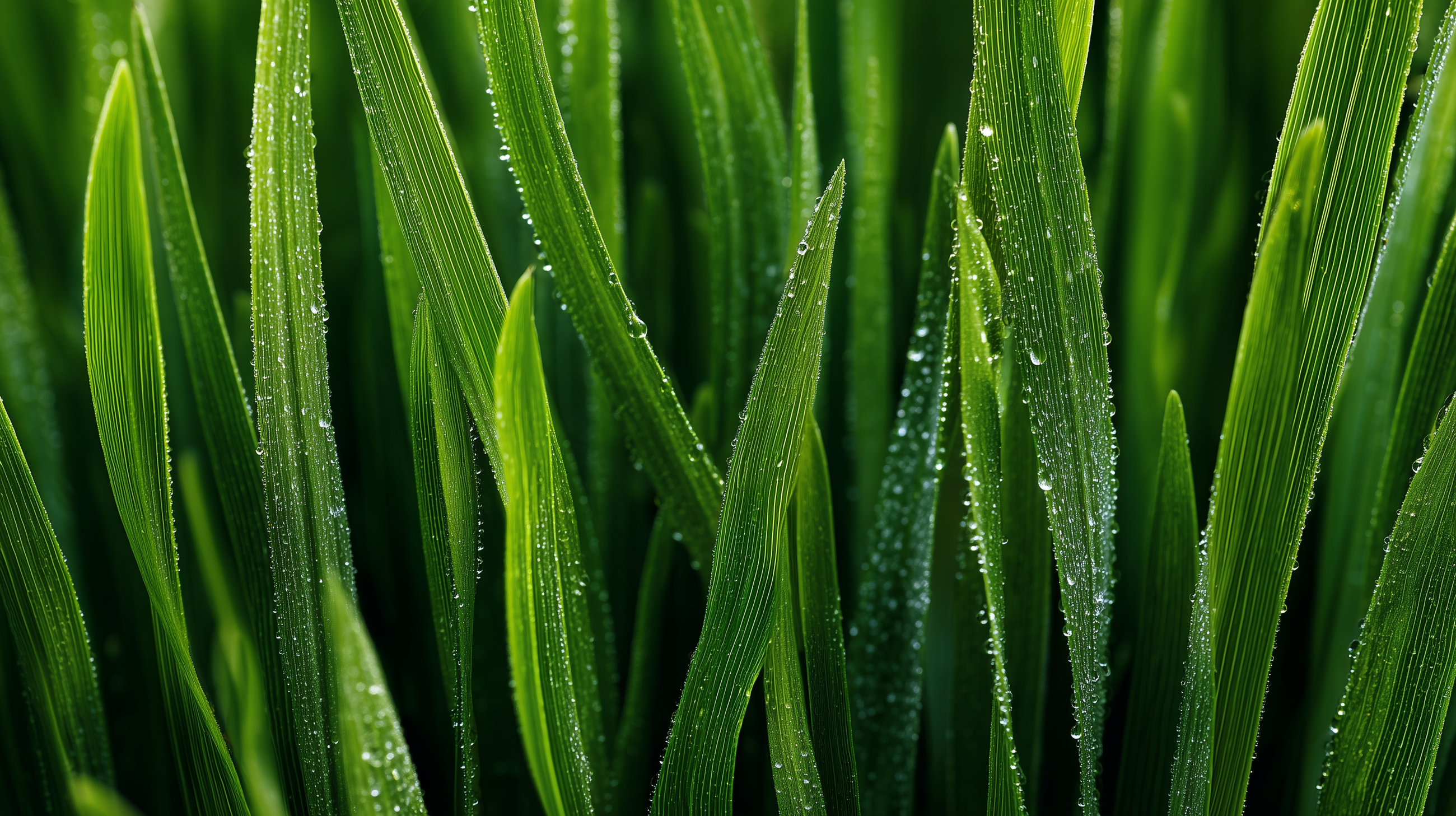 Green reed blades with water droplets close-up, Icelandic plant-derived ingredient in REFINE scrub