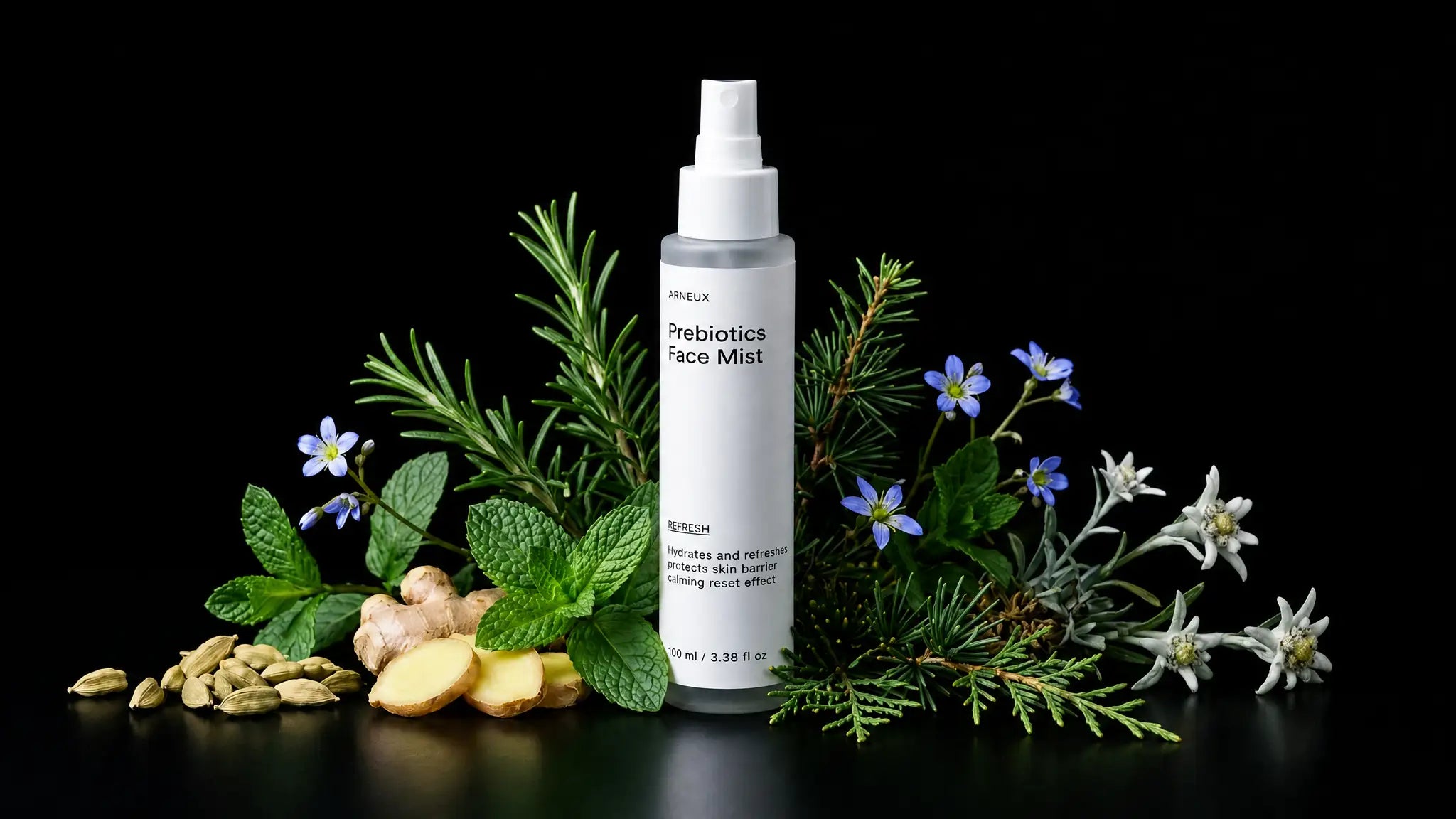REFRESH face mist bottle with rosemary, mint, edelweiss, ginger and cardamom on black background