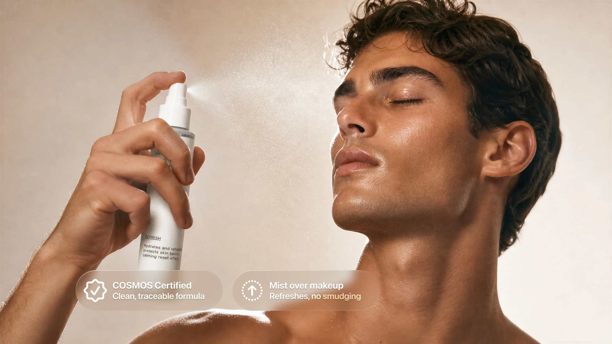 Man spraying REFRESH prebiotic mist on face, eyes closed, COSMOS certified mist over makeup callout