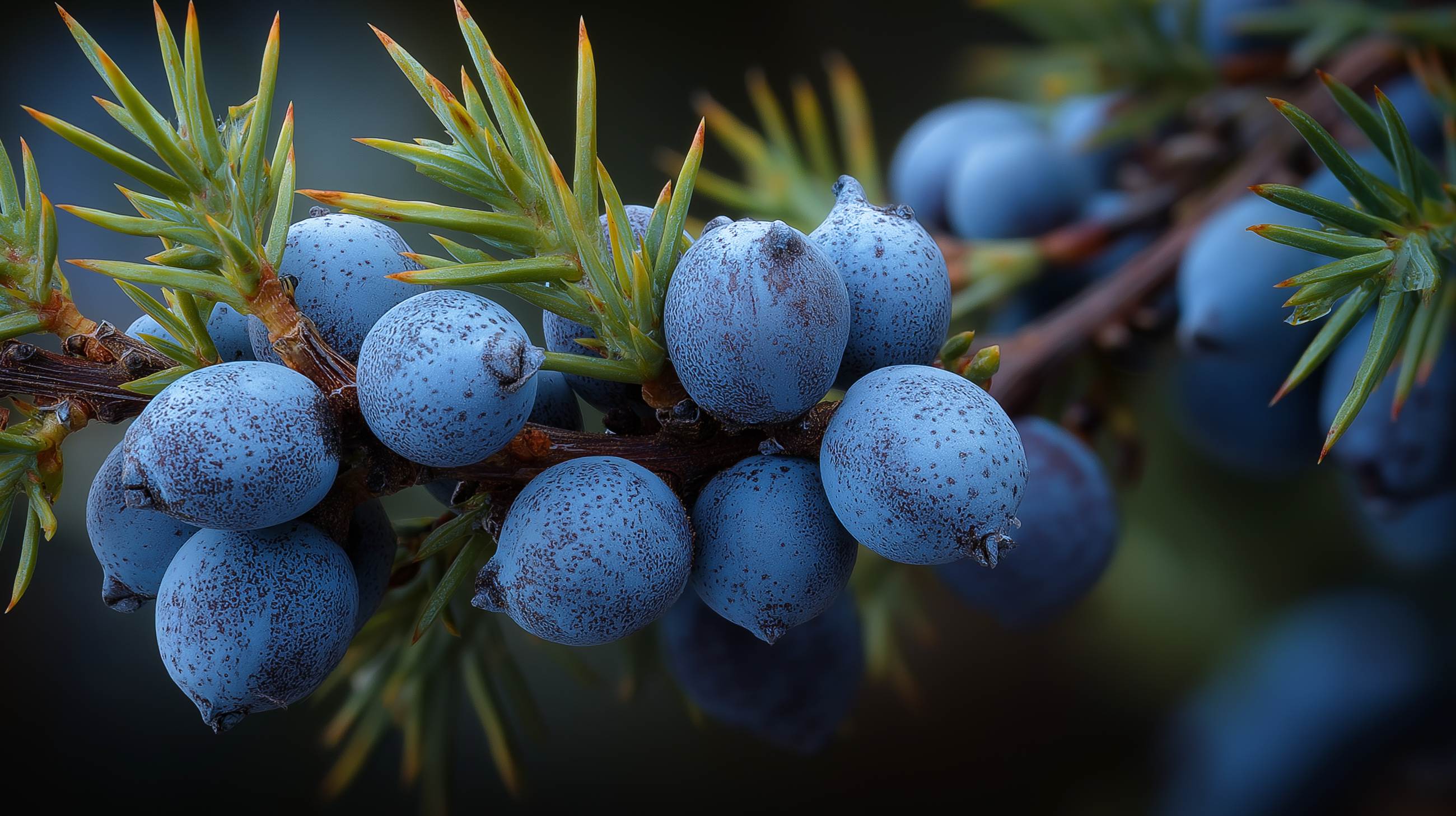 Plump blue juniper berries on branch close-up, antioxidant botanical in retinol alternative moisturizer