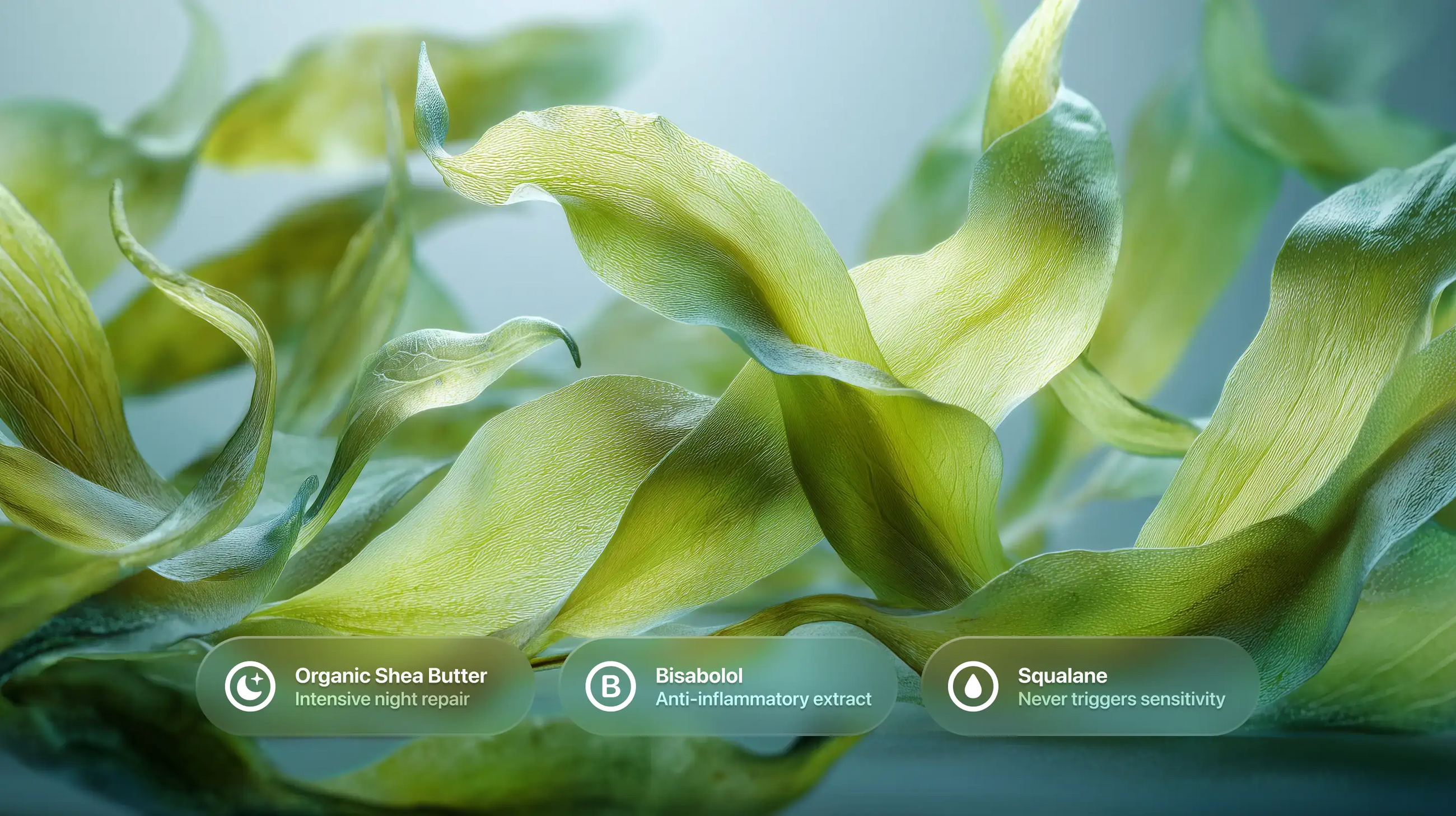 Broad green tropical leaves with organic shea butter, bisabolol and squalane ingredient callouts