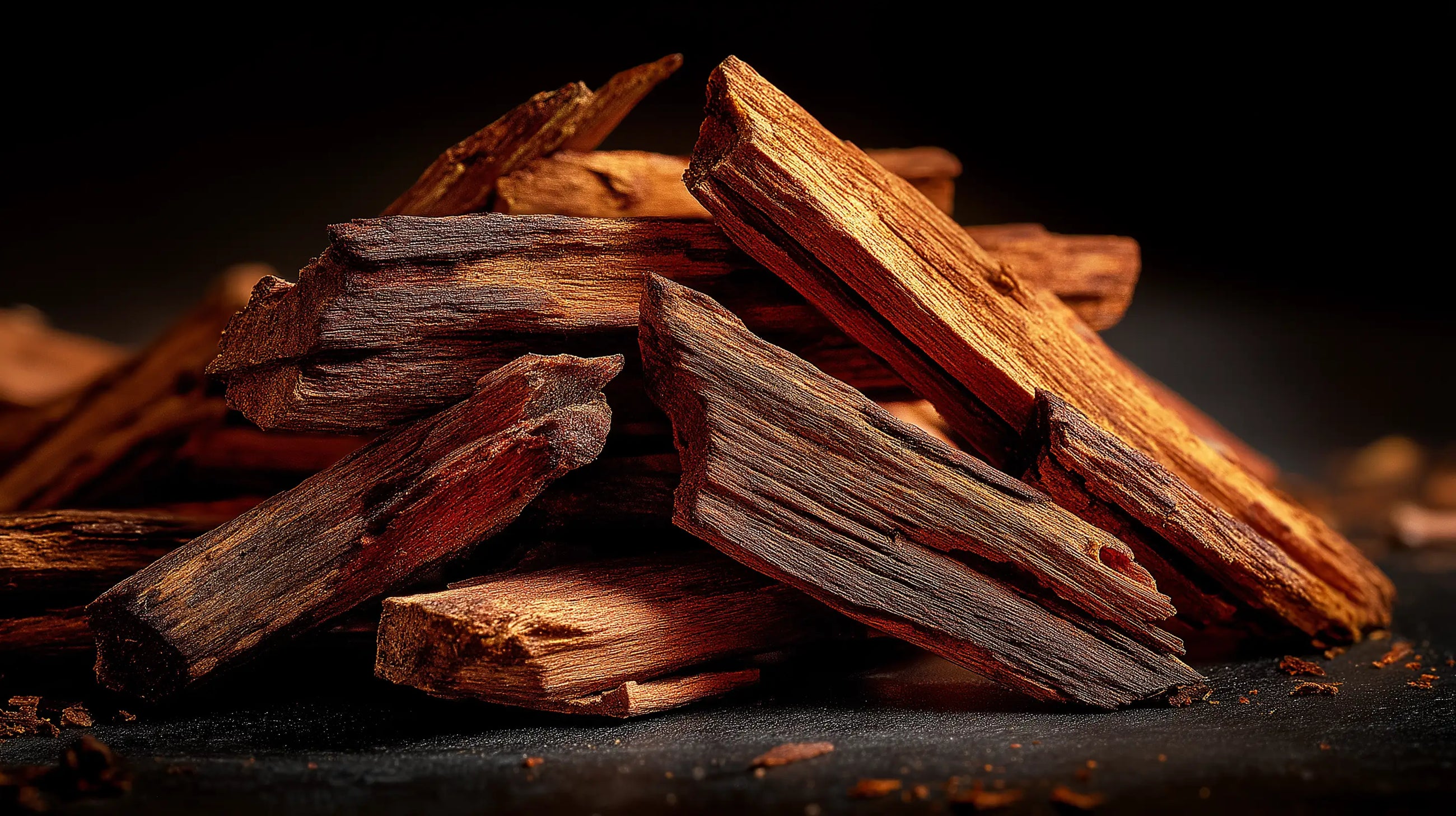 Stacked sandalwood wood sticks on dark surface, conditioning aromatic ingredient in ROOT rosemary hair oil