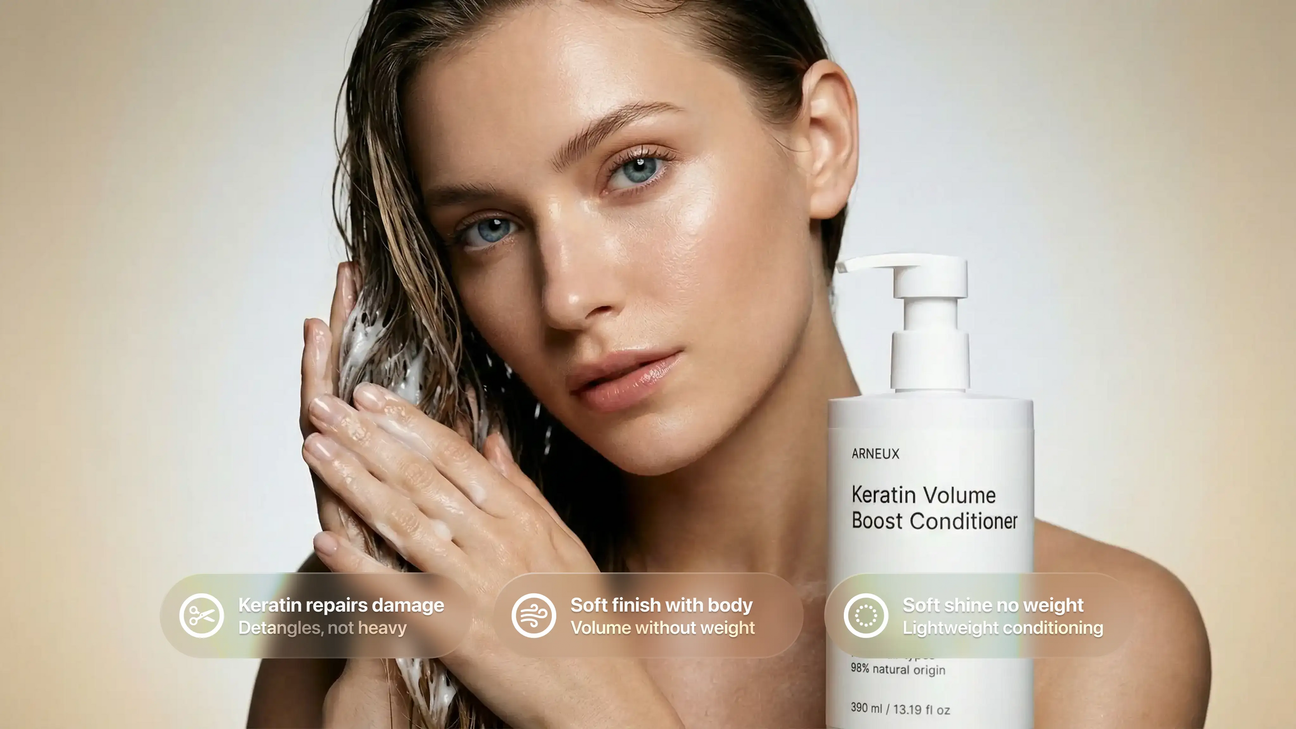 Woman rinsing SMOOTH keratin conditioner from wet hair, keratin repairs damage soft finish body callouts