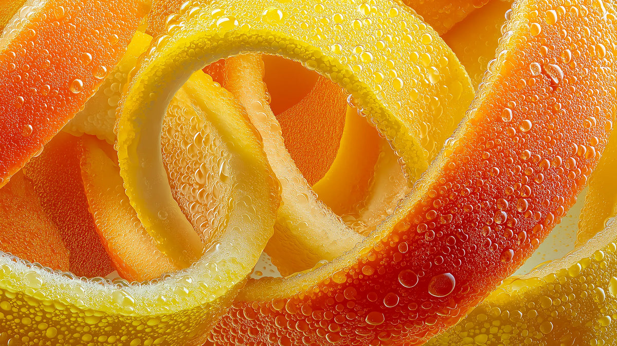 Vitamin C serum and orange peels showing concentrated brightening active formula
